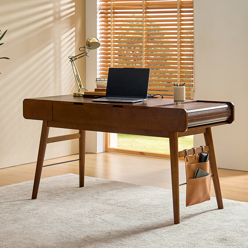 Mid Century Modern Home Office Desk with 2 USB Power Outlets - Stylish Writing Desk for Small Spaces, Remote Work & Study