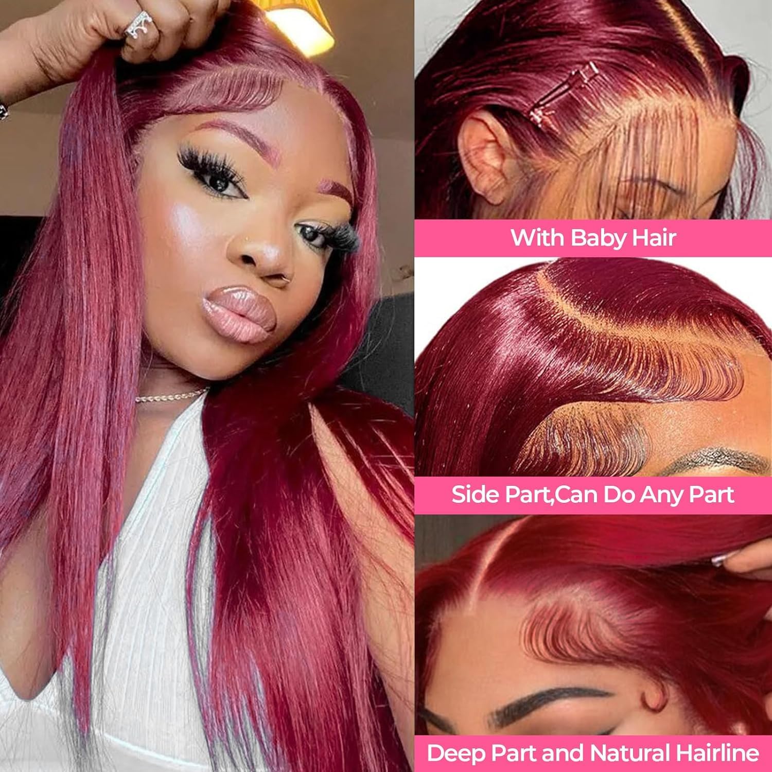 99J Burgundy Lace Front Wigs Human Hair - Brazilian Virgin Hair 180% Density, Glueless Straight 13x4 Lace Frontal Wig with Baby Hair & Pre-Plucked Hairline, 30 Inch for Women - Perfect for Cosplay, Daily Wear, and Special Occasions