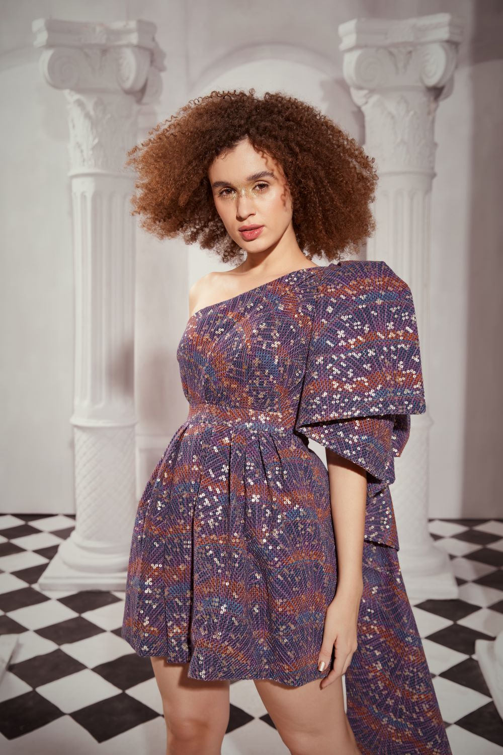 Overtine Greek Art Print One Shoulder Bow Dress - Elegant Summer Beach Party & Wedding Guest Outfit