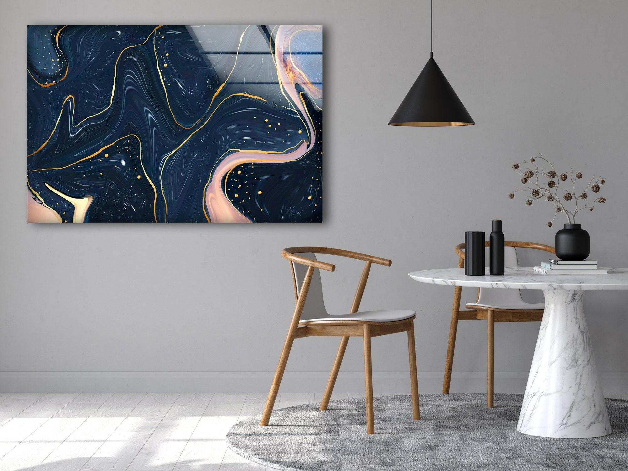 Abstract Dark Blue Glass Wall Art - Modern Handmade Decor for Living Room, Bedroom & Office - Unique Home & Office Decoration