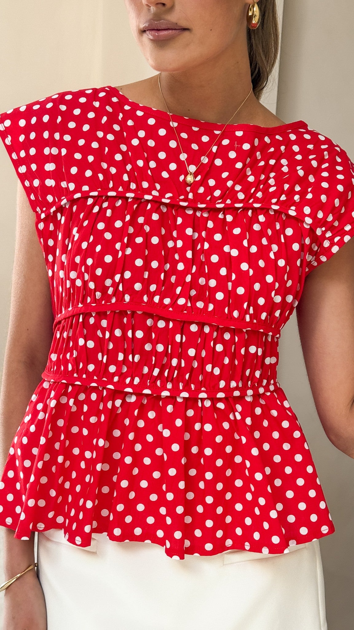 Harmonia Women's Polka Dot Top - Red & White Floral Print Blouse for Casual Wear, Office, and Date Night
