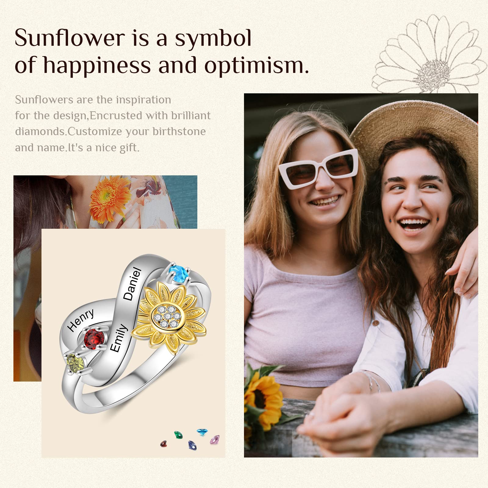 ALBERTBAND Sunflower Birthstone Ring - Personalized 3-Stone Infinity Heart Ring for Women, Custom Engraved Name Jewelry - Perfect Mothers Day Gift for Mom, Grandma, Wife & Daughter - Ideal for Weddings, Anniversaries & Special Occasions