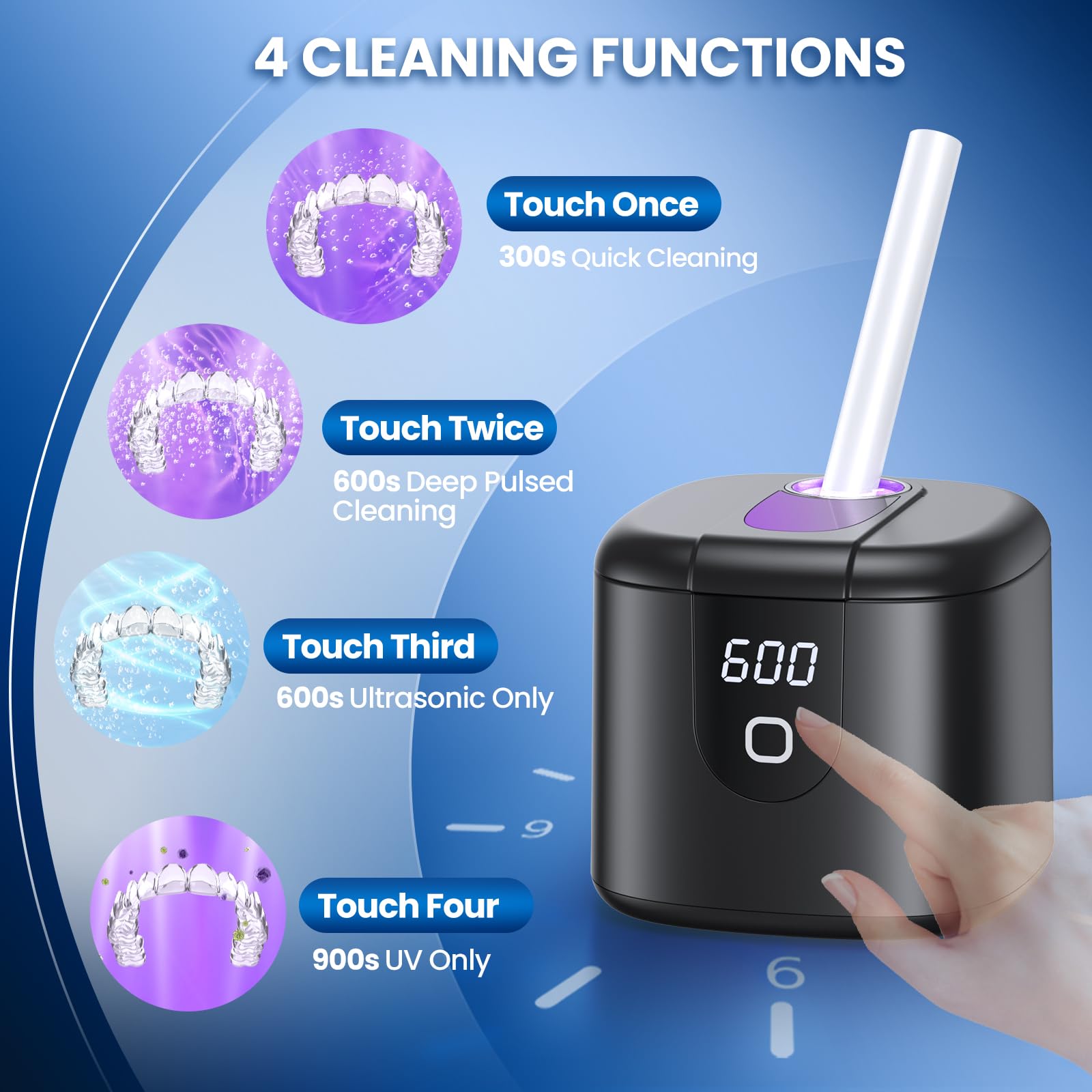 Ultrasonic Retainer Cleaner Machine - 45kHz with 4 Cleaning Modes & Digital Timer, 200ML Capacity for Dentures, Mouth Guards, Braces, Toothbrush Heads & Jewelry (Black) - Perfect for Dental Hygiene & Jewelry Care at Home