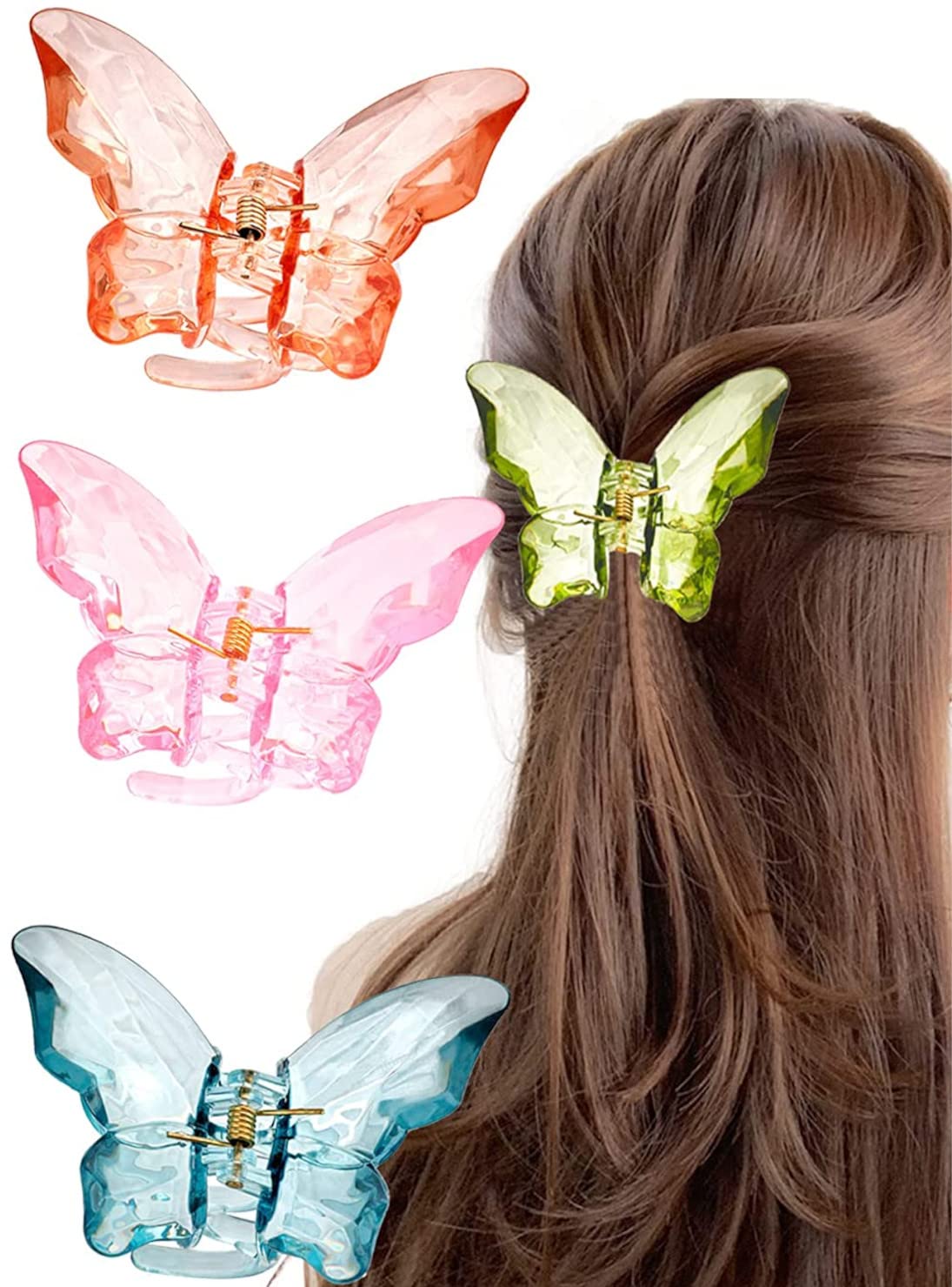 MANODHRUVA 3-Piece Large Butterfly Hair Claw Clip Set - 3.4 Inch Clear Jaw Clips for Thick Hair | Jumbo Hair Clips for Women & Girls | Crystal Design | Perfect for Updos, Ponytails & Everyday Styling
