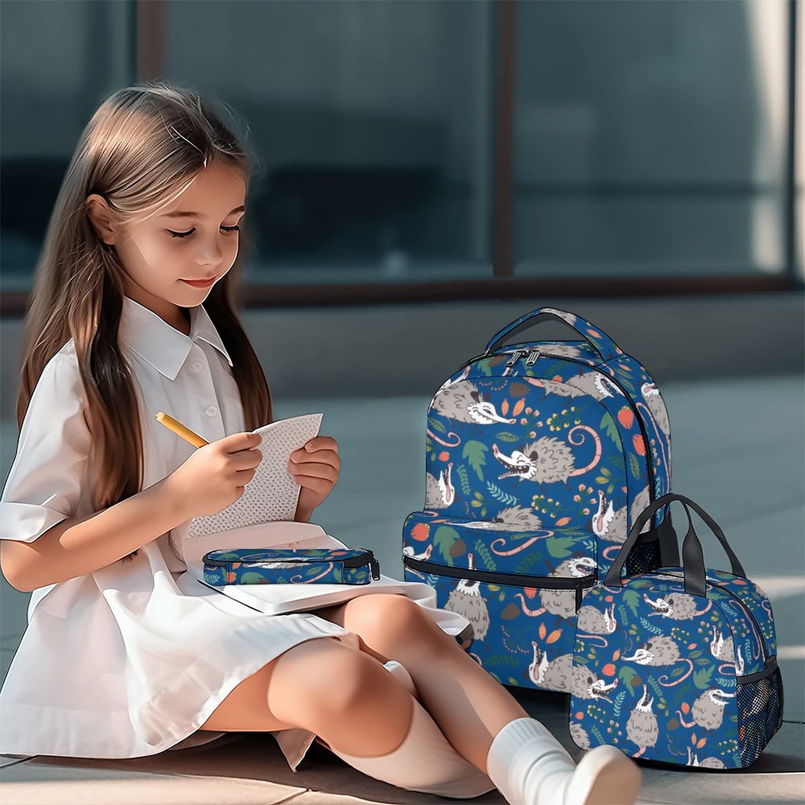 16 Inch Opossum Backpack with Lunch Box & Pencil Case - Adjustable Straps, Durable Lightweight School Bag for Kids, Girls & Boys - Perfect for School, Travel & Outdoor Adventures