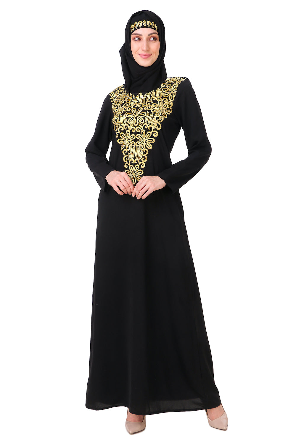 AY 809 Gold Hand Embroidered Fancy Abaya Dress - Elegant Muslim Women's Islamic Clothing for Weddings & Special Occasions