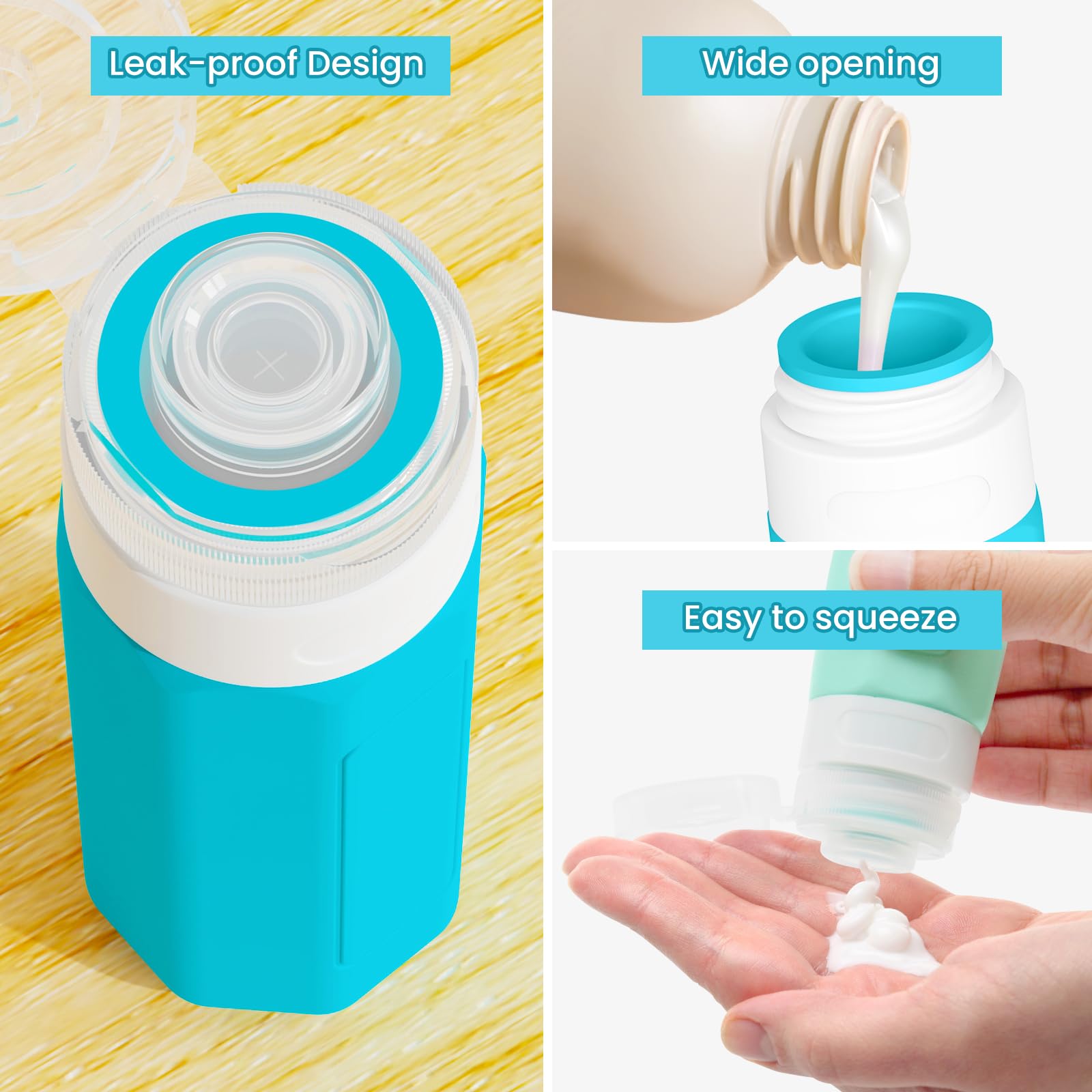 TSA Approved 2oz Leak Proof Silicone Travel Bottles for Shampoo, Conditioner & Lotion - Refillable Squeezable Toiletry Containers for Air Travel, Gym & Vacation Essentials