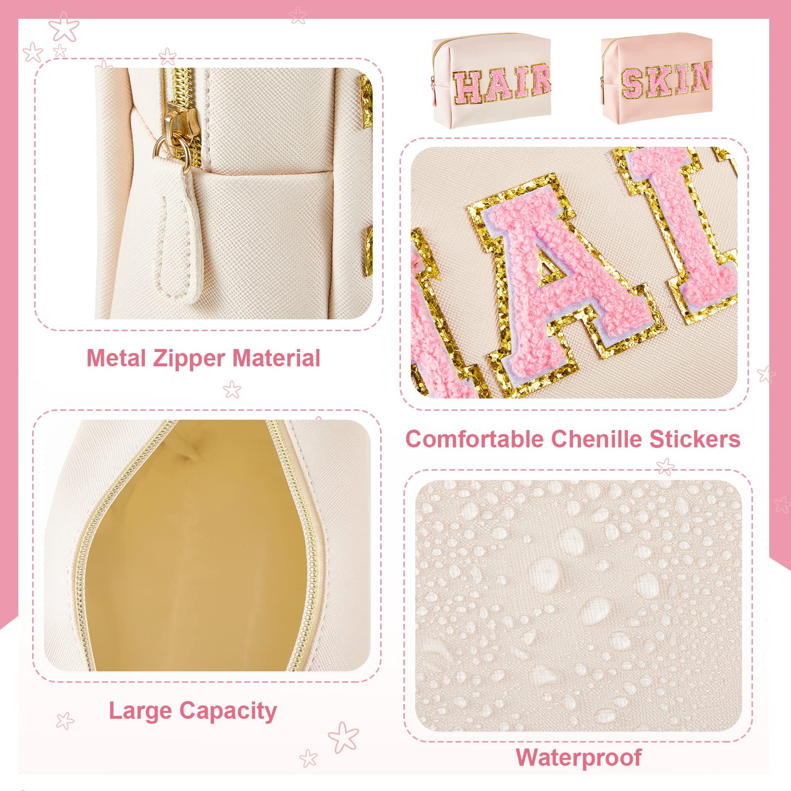 Preppy Makeup Bags 2-Pack - Chenille Letter Patch Cosmetic Organizer for Face, Skin & Hair Care | Aesthetic Travel Zipper Pouch | Perfect Graduation Gift for Girls (White & Pink) | Great for Travel, School, Gym & Daily Beauty Organization