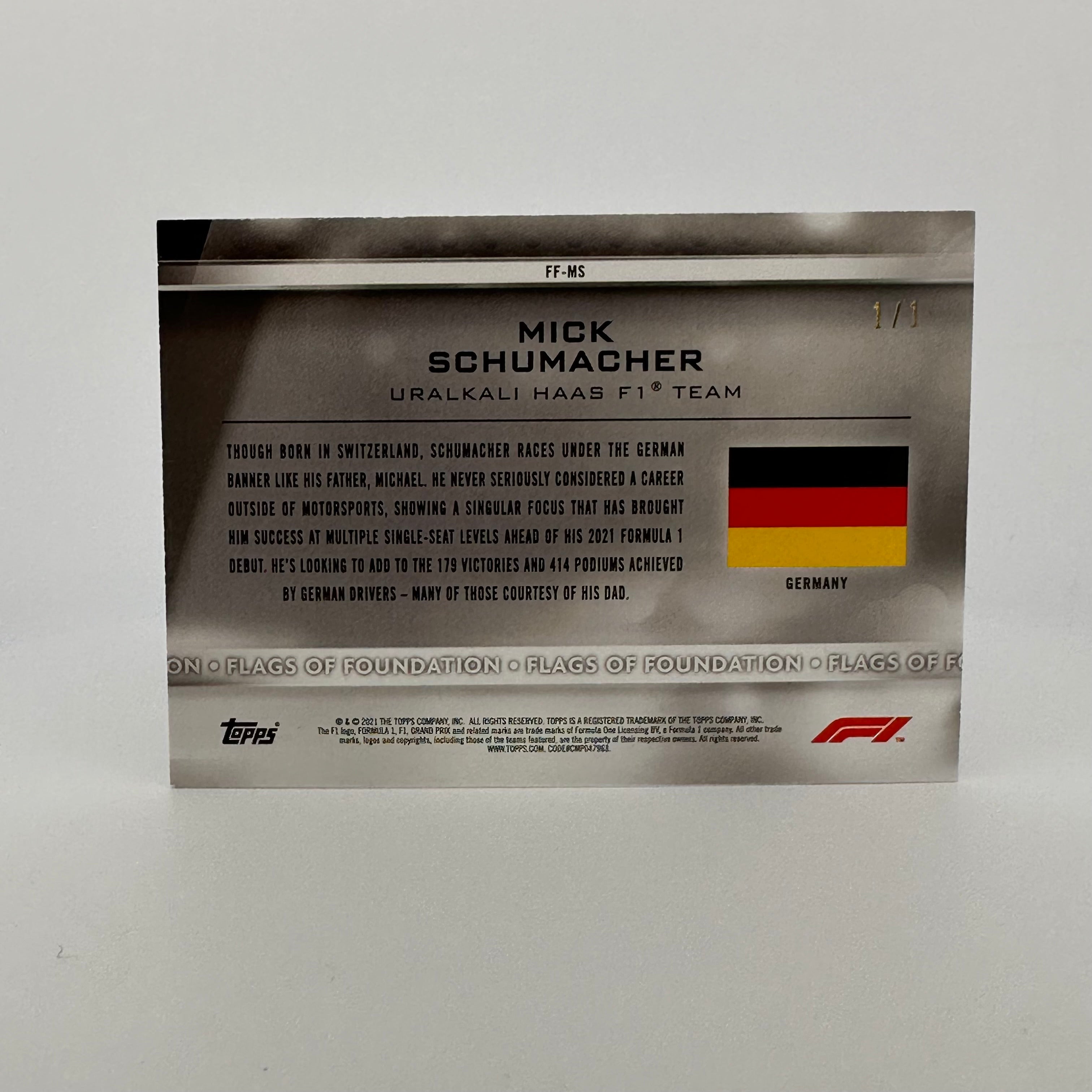 2021 Formula 1 Mick Schumacher Foilfractor #FF MS Flags of Foundation Card - Rare Collectible for F1 Fans, Sports Memorabilia & Trading Card Enthusiasts