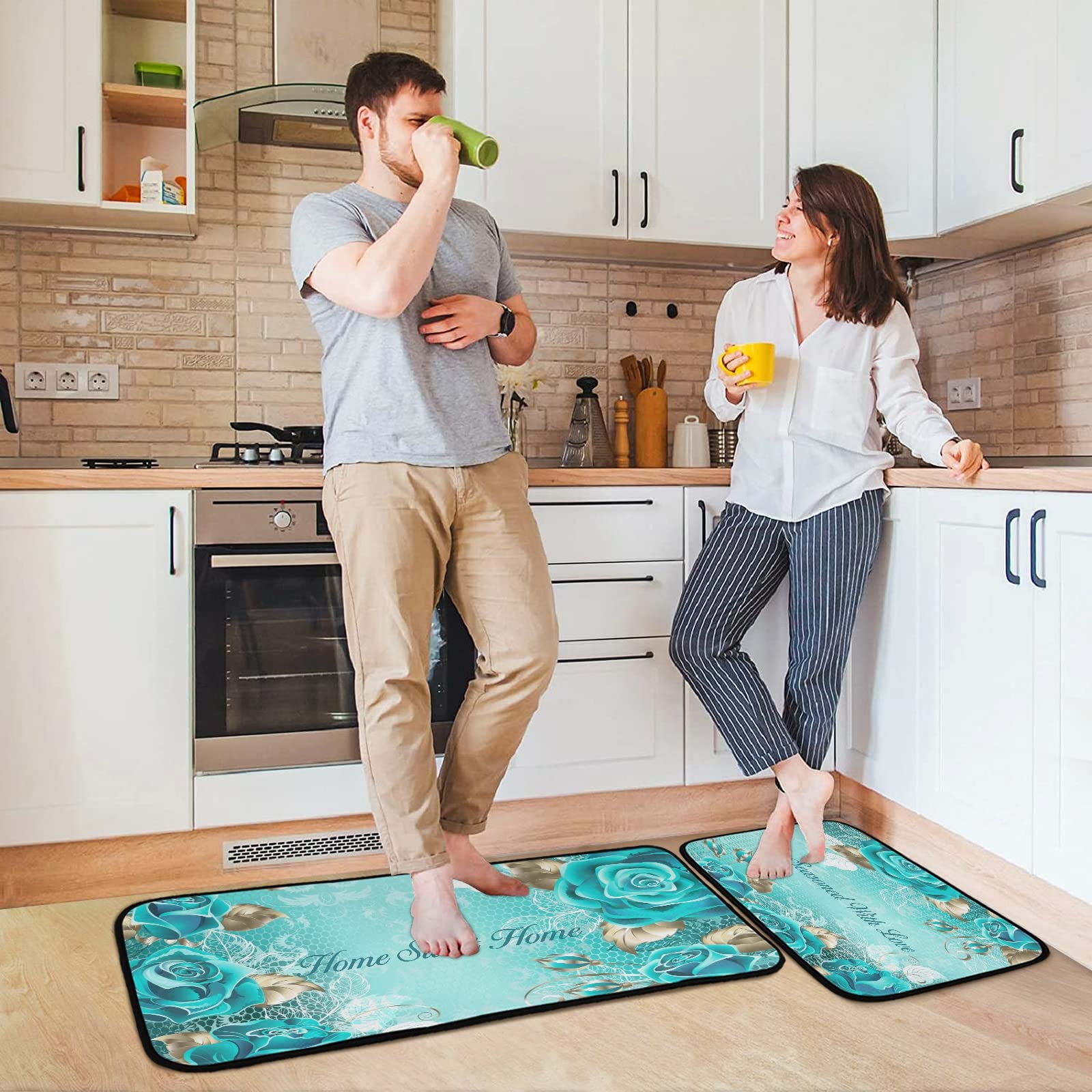 Non-Slip Washable Turquoise Kitchen Rugs Set of 2 - Teal Runner Mats for Floor, Rose Pattern Kitchen Decor - Perfect for Sweet Home Decor & Seasoned Love Theme | Ideal for Kitchens, Entryways & High-Traffic Areas