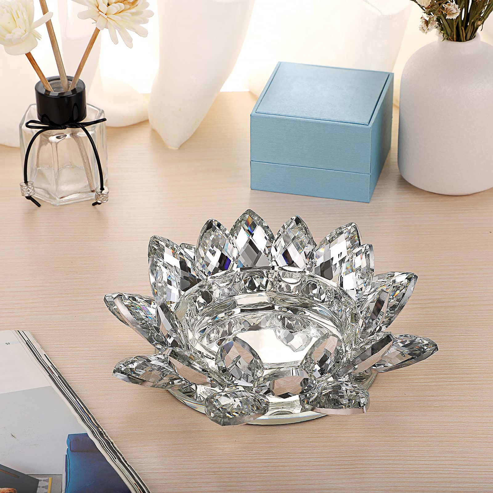 OwnMy Clear Glass Lotus Flower Candle Holder - 3