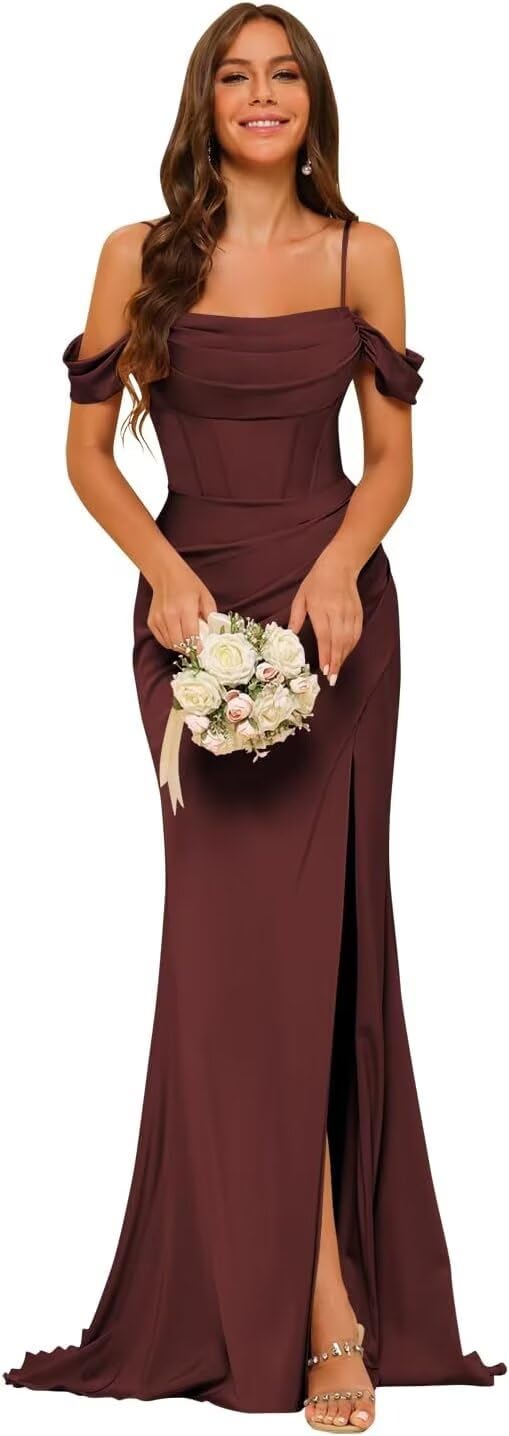 Elegant Burgundy Satin Cold Shoulder Prom Dress with Slit & Cowl Neck - Pleated Mermaid Long Formal Gown for Women (US Size 4) | Perfect for Bridesmaids, Evening Galas, and Special Occasions