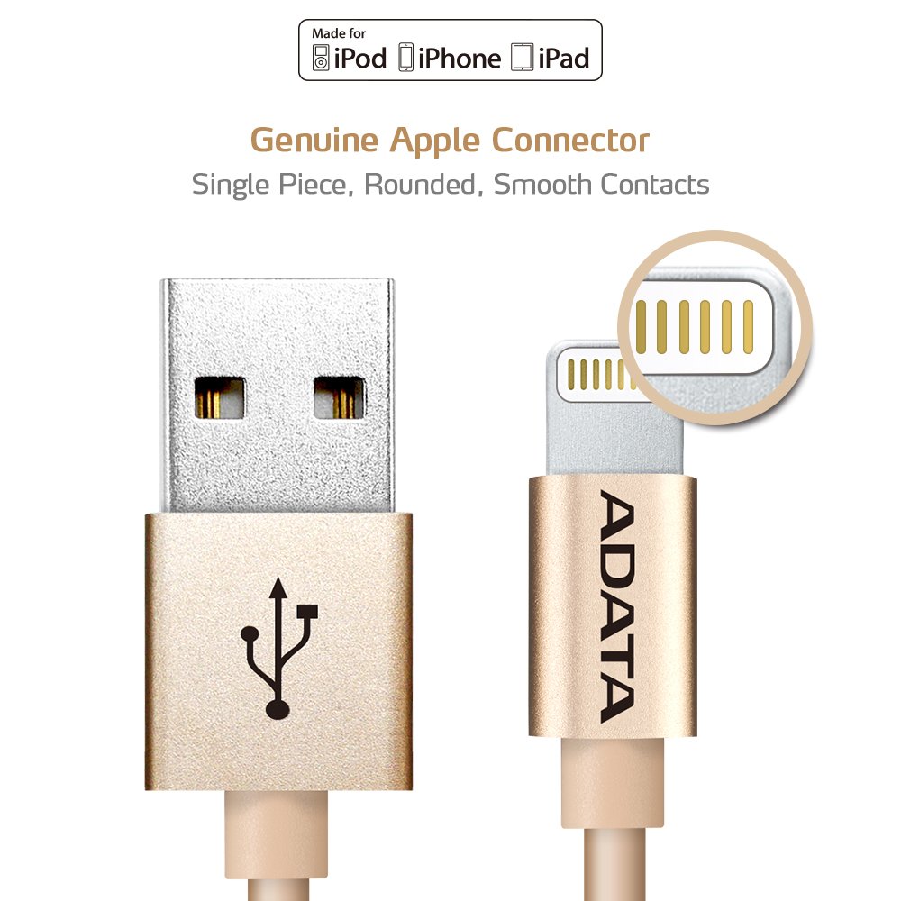 ADATA MFi Certified Aluminum Lightning Cable for iPhone, iPad - Gold (AMFIAL-100CM-CGD) | Fast Charging & Durable for Home, Office & Travel Use