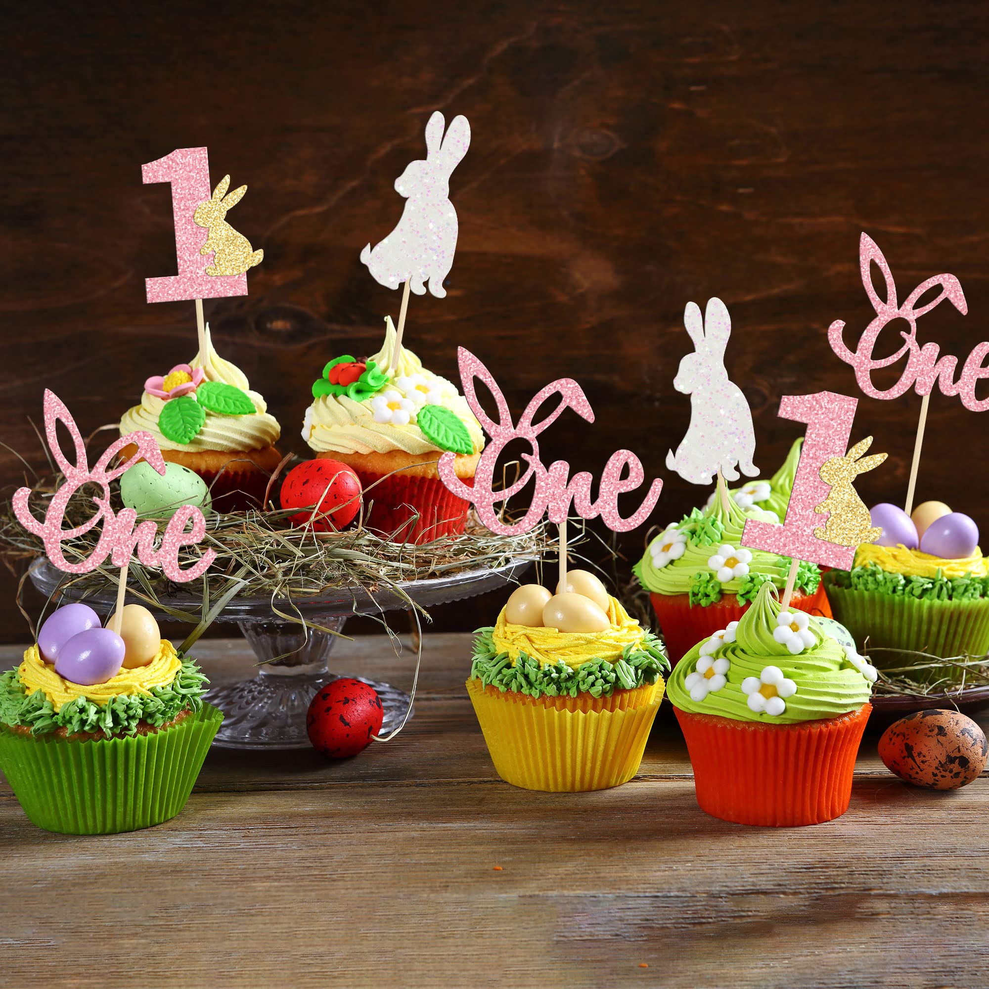 24Pcs Pink Glitter Easter Bunny Cupcake Toppers - Some Bunny is One Birthday Party Decorations for Easter, Spring & First Birthday Themes - Perfect for Girl's Birthday Cakes, Baby Showers & Easter Celebrations
