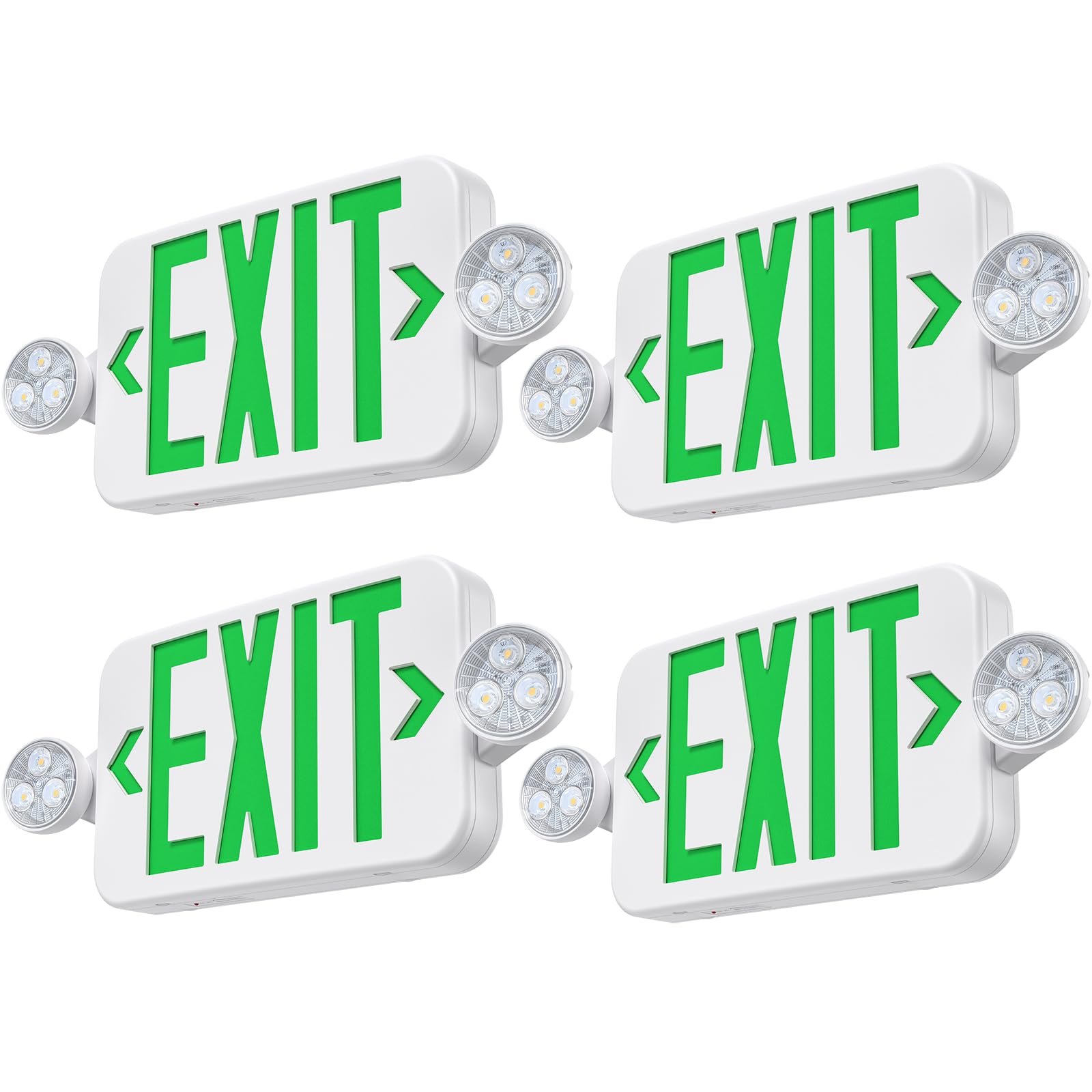 UL Listed Emergency Exit Sign Light Combo with Battery Backup - 6 LED Double Sided Hardwired, Adjustable Green Lighting for Ceiling/Wall Mount (AC 120/277V, 4 Pack) - Perfect for Commercial Buildings, Warehouses & Public Safety Areas