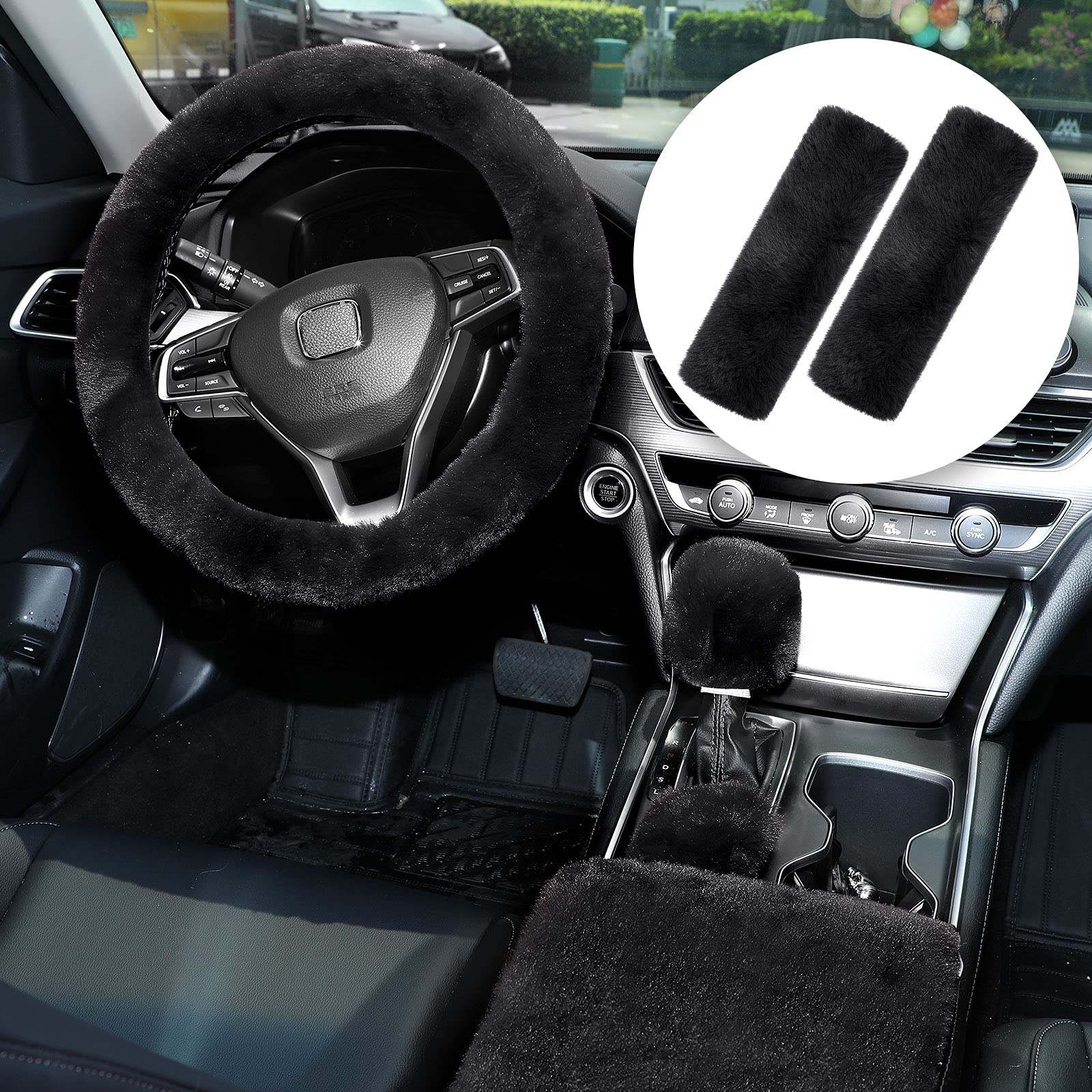 6-Piece Fluffy Winter Car Steering Wheel Cover Set - Soft Wool Fur Handbrake Cover, Non-Slip Center Console & Seat Belt Shoulder Pads - Warm Car Accessories for Cold Weather (Black Short Hair) - Perfect for Winter Driving & Snowy Road Trips