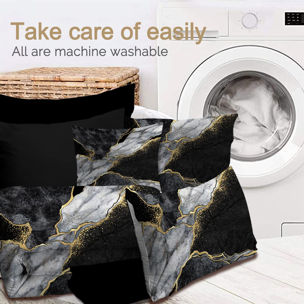 BlessLiving Black Gold White Marble Comforter Set King - 8 Piece Luxury Modern Bed in a Bag with Comforter & Sheets, Abstract Design Bedding Set for Master Bedroom, Guest Room & Hotel Decor