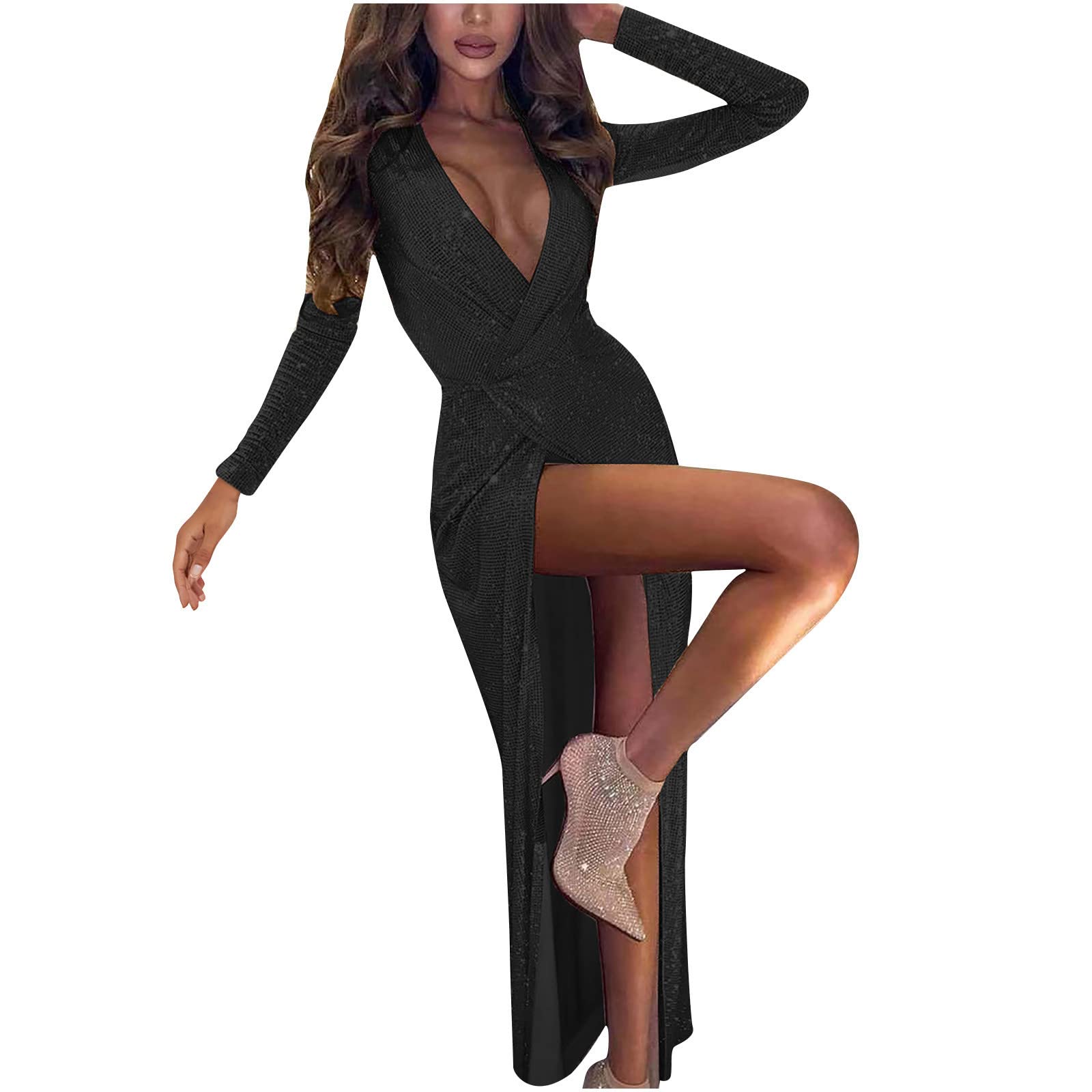 Sexy Women's Long Sleeve Maxi Dress with High Side Slit - Sparkly Bodycon Cocktail & Prom Gown for Evening Parties & Special Occasions