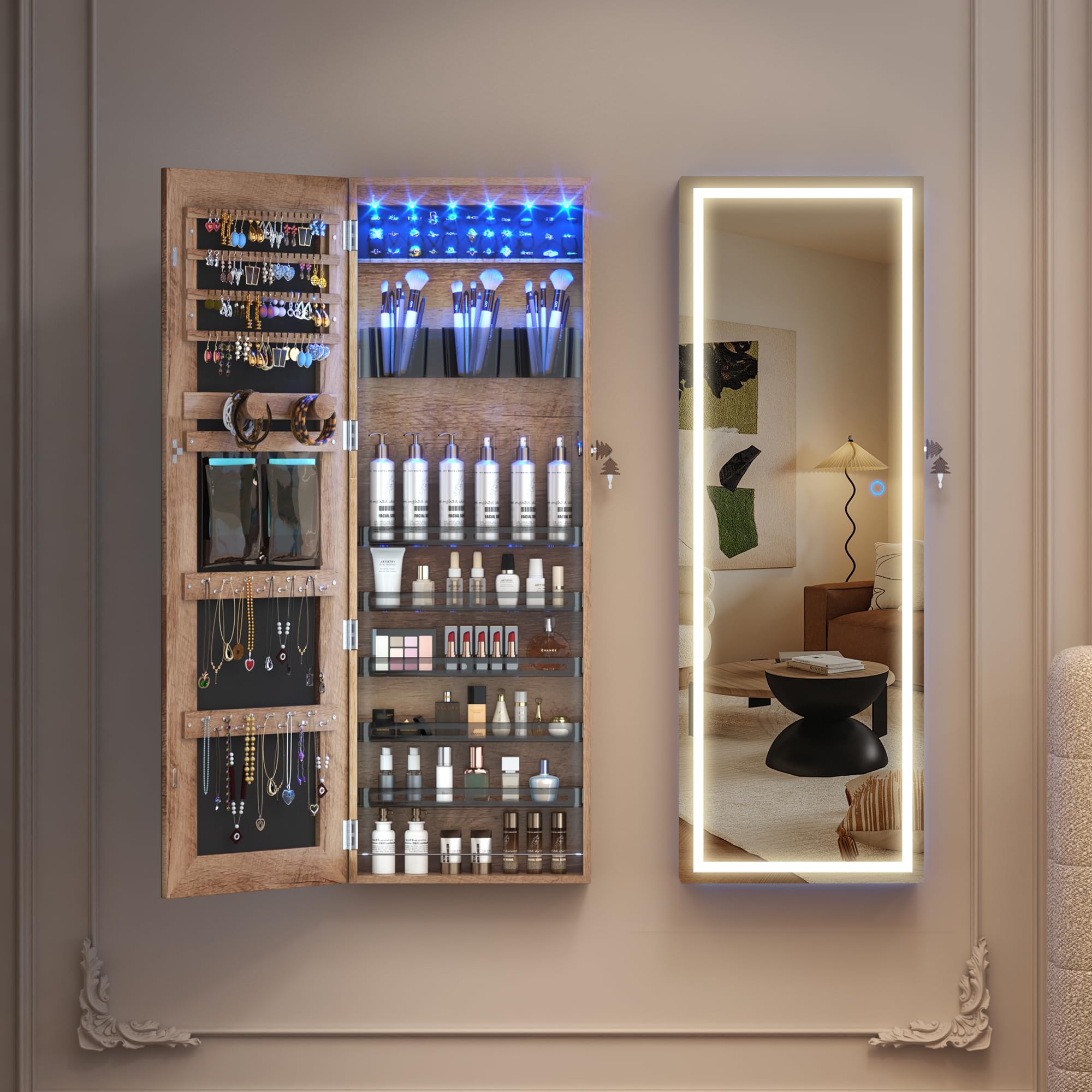 LVSOMT LED Jewelry Cabinet Armoire with Full Length Mirror - Wall/Door Mounted Lockable Storage Organizer with Lights, Over the Door Hanging Dressing Mirror (Wood) - Perfect for Bedroom, Closet & Vanity Organization
