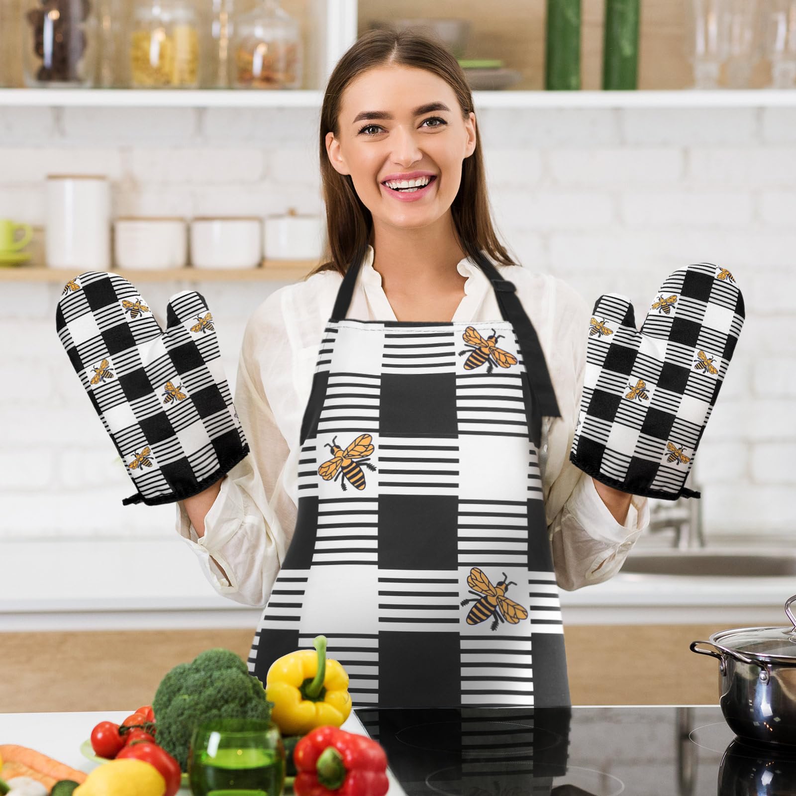 Bencailor 13-Piece Bee Sunflower Farmhouse Kitchen Set - 5 Wooden Spoons, 2 Kitchen Towels, 2 Aprons, 2 Oven Mitts & 2 Pot Holders - Rustic Home Decor for Housewarming, Bridal Shower & Country Kitchen (Black & Yellow Bee Theme)