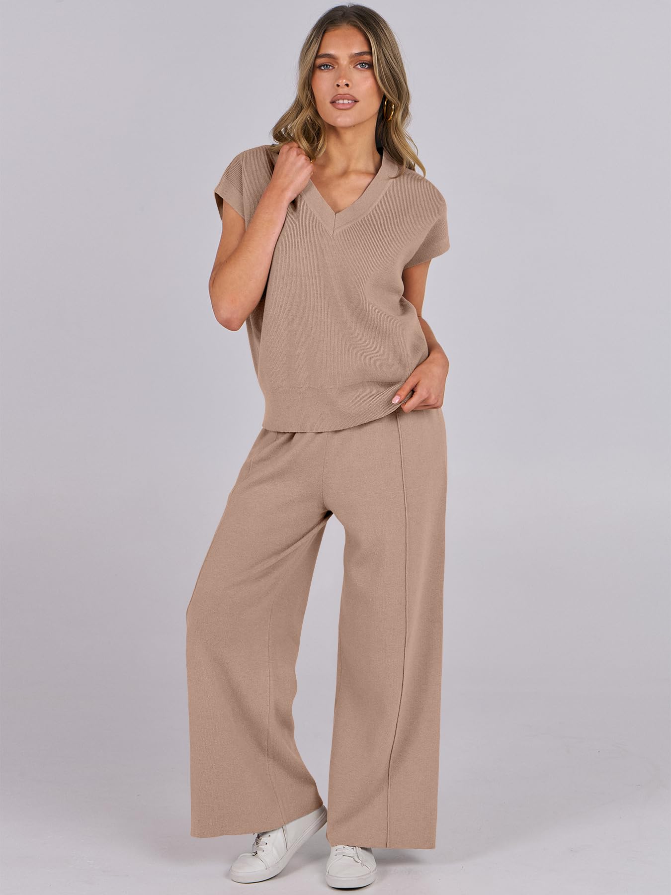 Caracilia Women's Summer 2 Piece Sweater Vest Set - Knit Top & Wide Leg Pants Lounge Matching Outfit for Spring 2025 | Airport Travel, Casual Wear & Relaxation