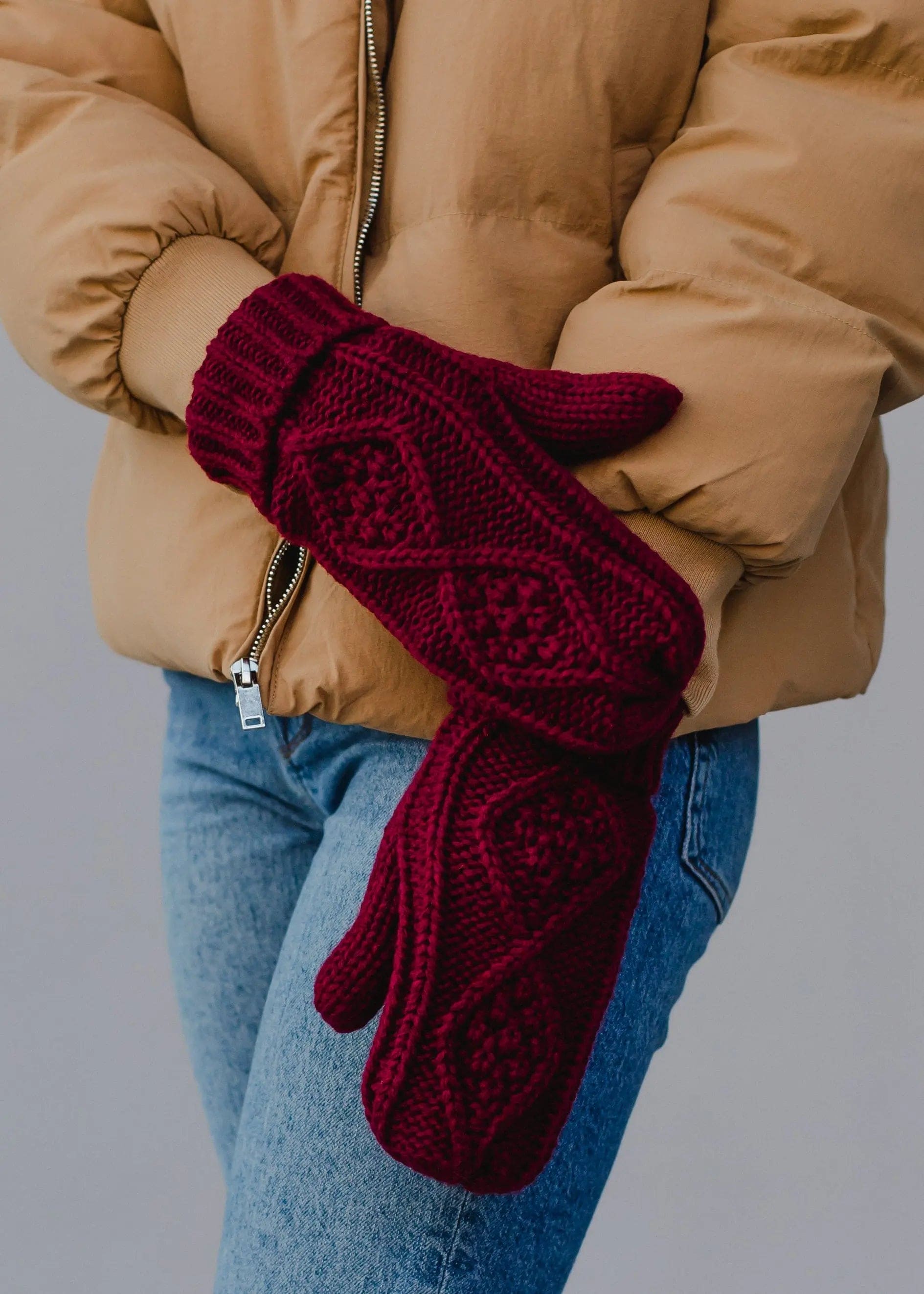 Burgundy Cable Knit Mittens for Women - Warm Winter Gloves for Cold Weather - Perfect for Outdoor Activities, Skiing, and Snowboarding