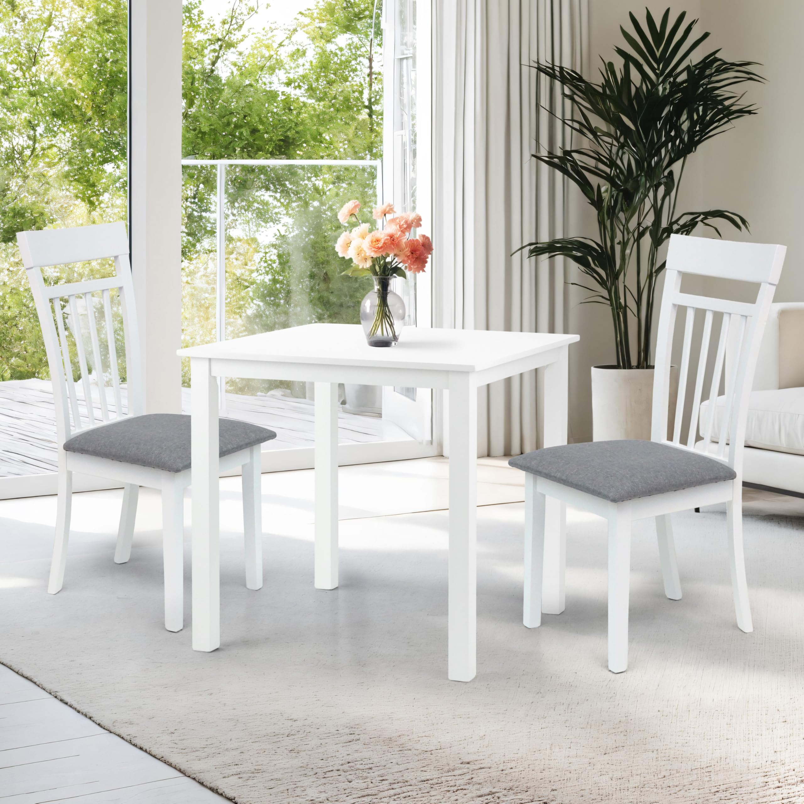 **3-Piece White Solid Wood Dining Set - Square Table & 2 Side Chairs - Classic Kitchen Furniture for Small Spaces & Breakfast Nooks**