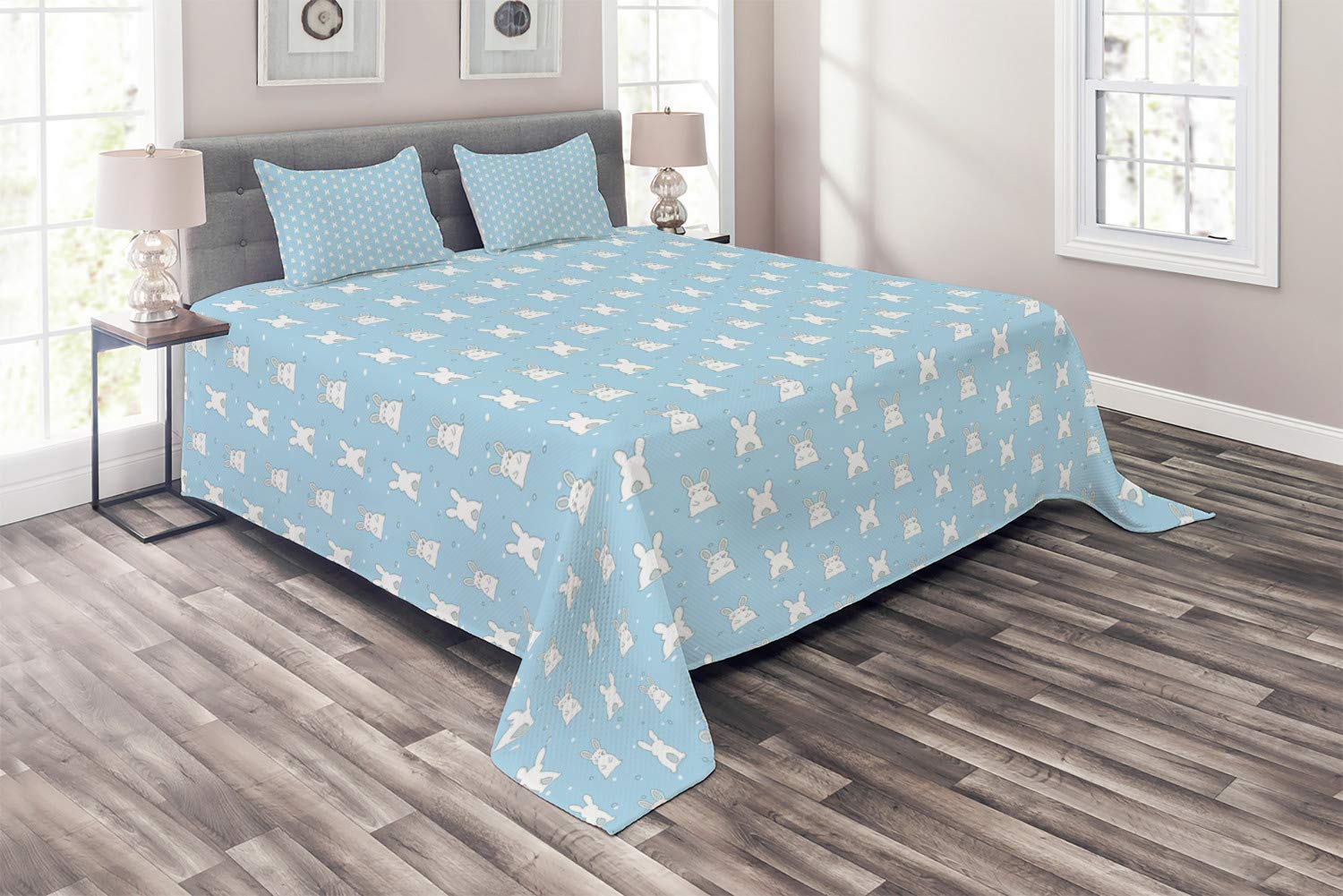 Ambesonne Easter Bunny Coverlet Set - 3 Piece King Size Bedding with Rabbit Illustration, Cartoon Tail Design in Pale Blue, Cadet Blue & White | Perfect for Spring Decor, Easter Themed Bedrooms & Cozy Home Styling