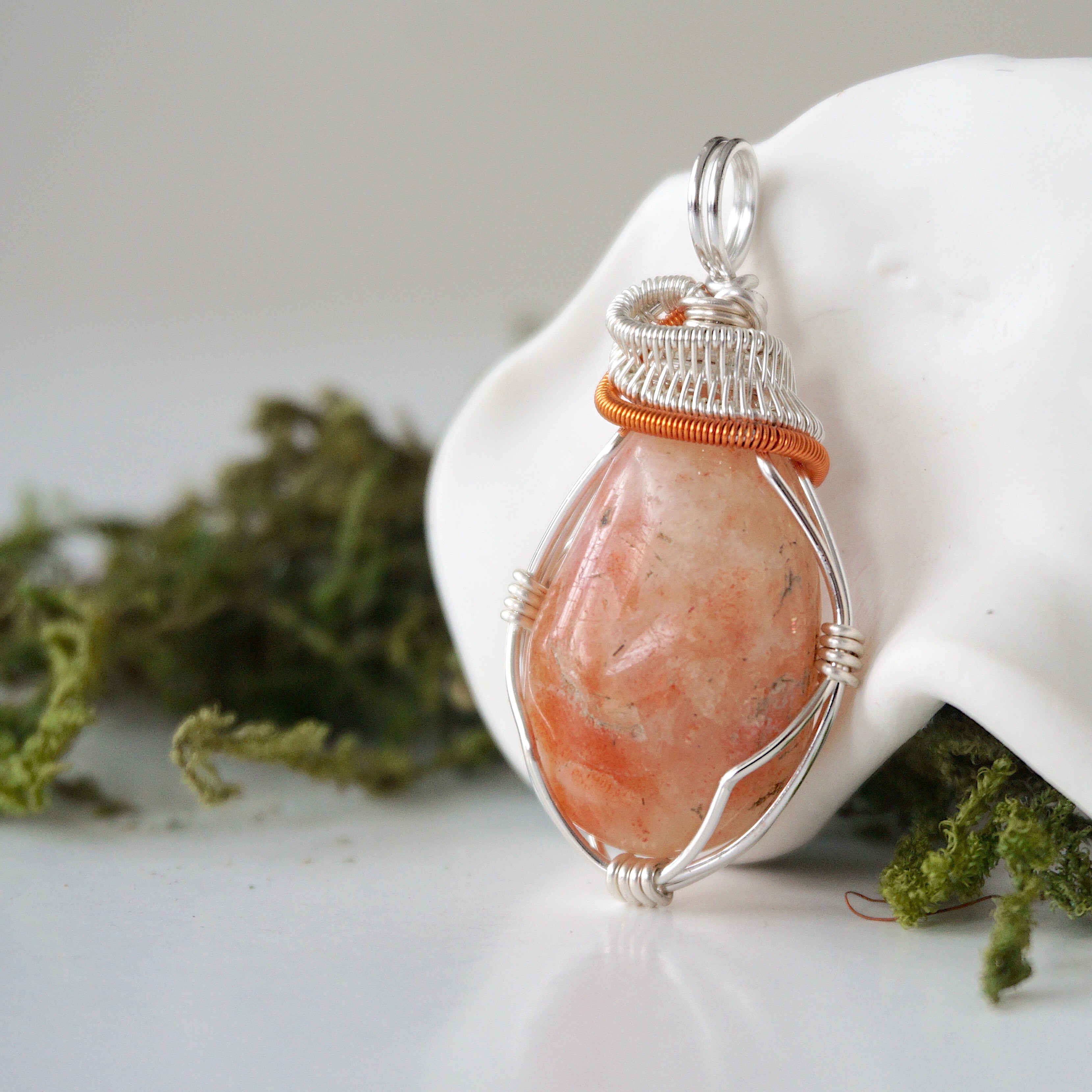 Sunstone Pendant Necklace - Sterling Silver & Copper Mixed Wire Handmade Jewelry for Women - Perfect for Spiritual Healing, Energy Work & Boho Fashion