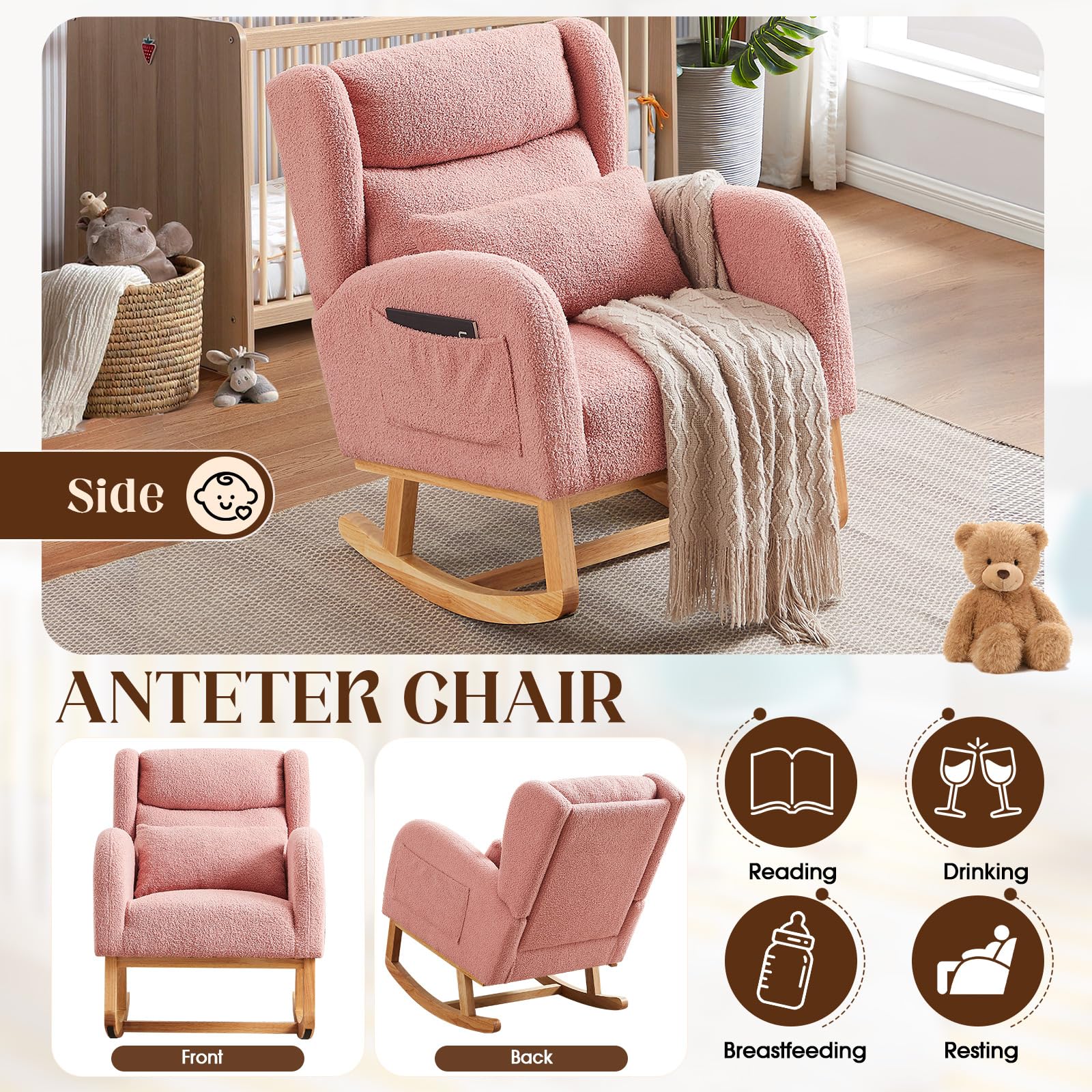 Antetek Modern Teddy Upholstered Rocking Chair - High Back Wingback Nursery Rocker with Lumbar Support Pillow, Comfortable Accent Armchair for Living Room, Bedroom & Nursery (Pink) | Perfect for Nursing, Relaxing & Nursery Decor