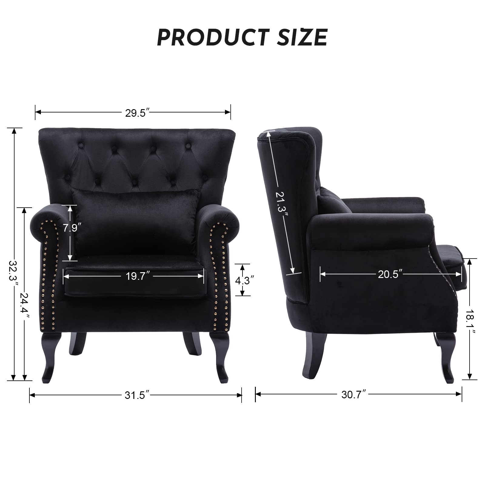 Midcentury Modern Accent Reading Arm Chairs Set of 2 - Velvet Black Wingback Club Chairs with Button Tufted Back & Lumbar Pillow for Living Room, Bedroom or Office Waiting Area - Perfect for Reading Nooks, Lounge Spaces and Cozy Corners