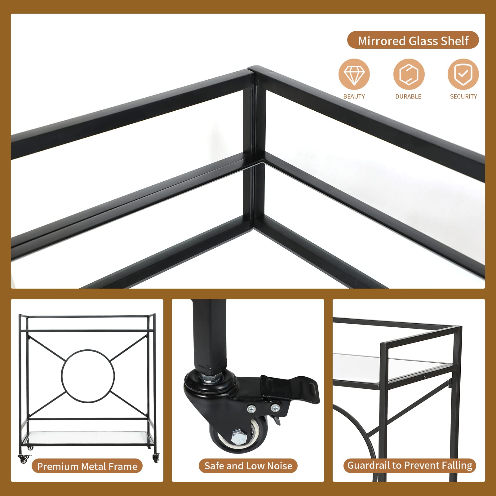 Palama Black Bar Cart for Home - Easy Assembly with Only 4 Screws, 2-Tier Rolling Snack Cart with 2 Mirrored Shelves & Lockable Wheels - Perfect for Living Room, Kitchen, or Outdoor Entertaining