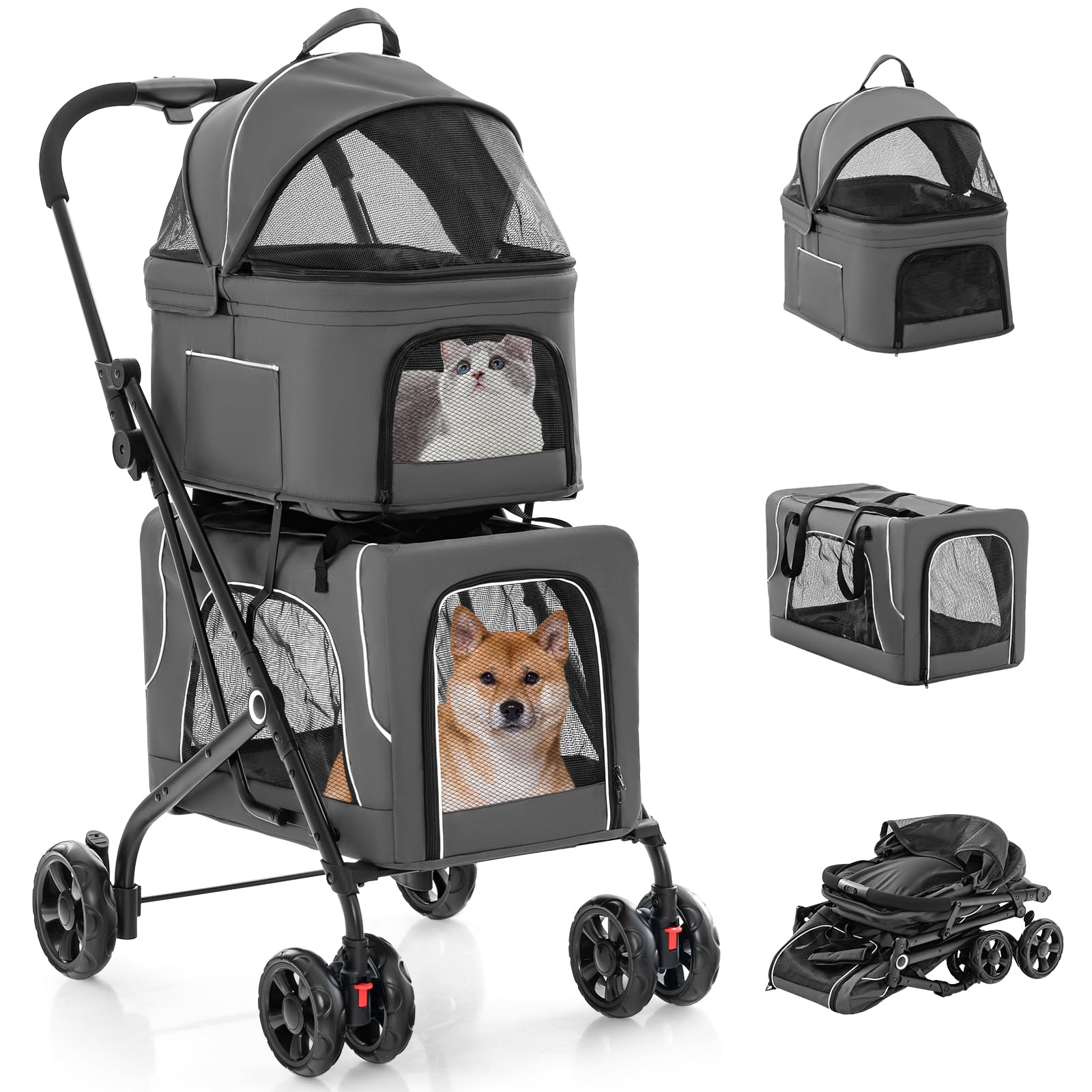 Giantex Double Dog Stroller for 2 Small Medium Dogs - Foldable Pet Stroller with Detachable Carriers, Safety Belt & 4 Lockable Wheels | Cat & Dog Travel Carrier for Outdoor Walks, Park Visits & Vet Trips (Gray)