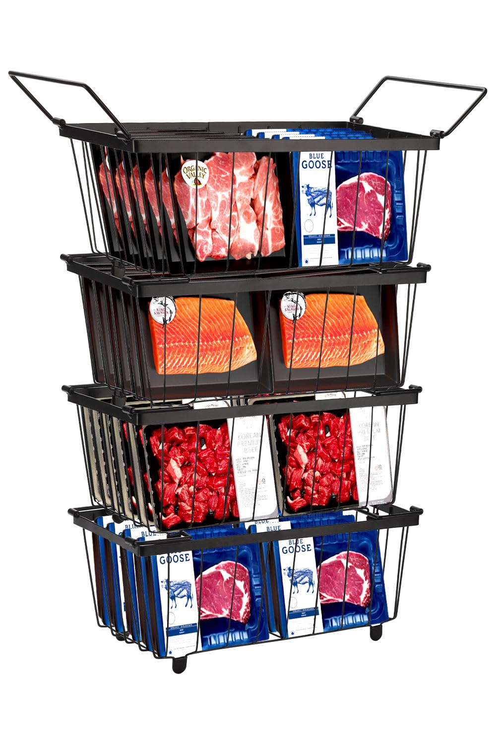 4 Pack Stackable Freezer Organizer Bins - Metal Wire Storage Baskets with Handles for 5 & 7 Cu.FT Chest Freezers - Pantry & Deep Freezer Organization - Perfect for Frozen Food Storage & Kitchen Organization