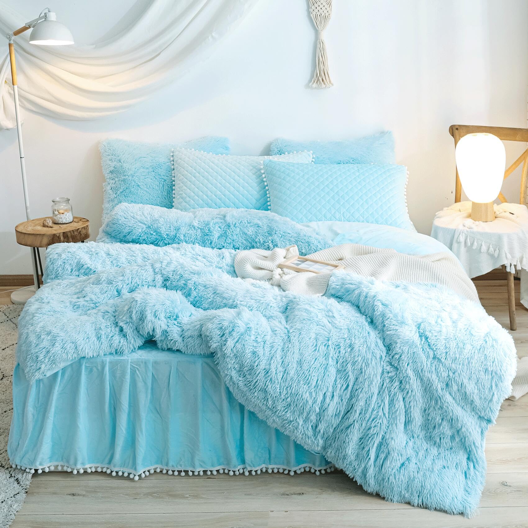 Soft Fluffy Blue Comforter Cover Queen Size - Plush Light Blue Bedding Set 3pc (1 Fuzzy Duvet Cover + 2 Faux Fur Pillowcases) Shaggy Blue Bed Set for Cozy Winter Nights - Perfect for Master Bedroom & Guest Room Decor (Blue, Queen)
