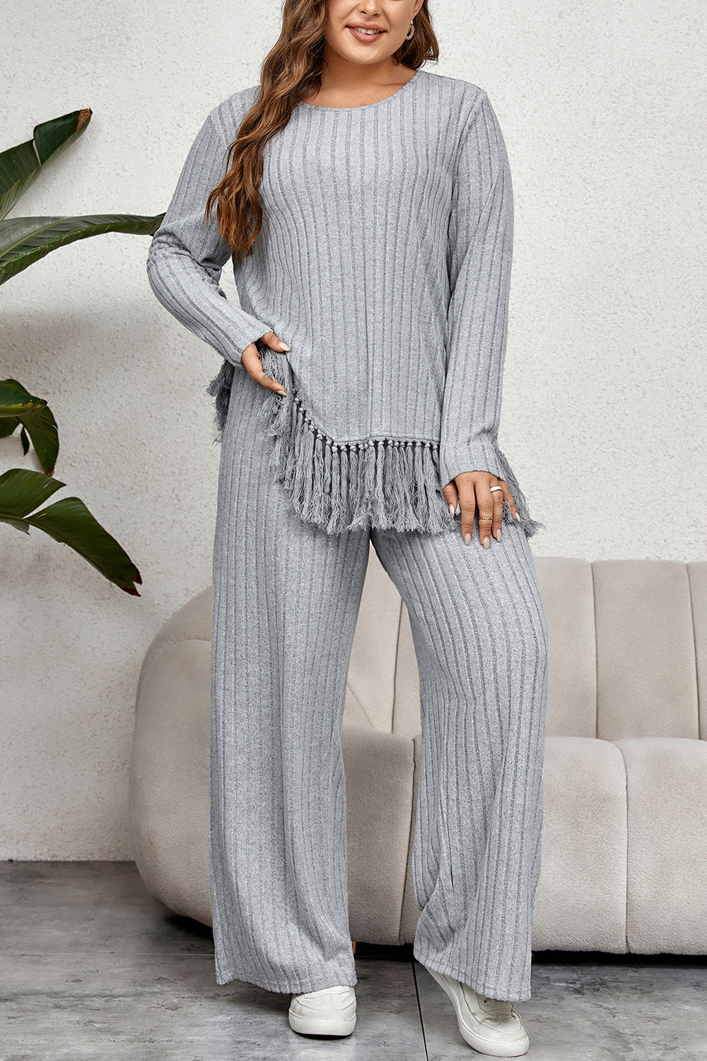 Plus Size Tassel Hem Top and Pants Set for Women - Flowy Boho Outfit for Casual Wear, Date Night & Vacation