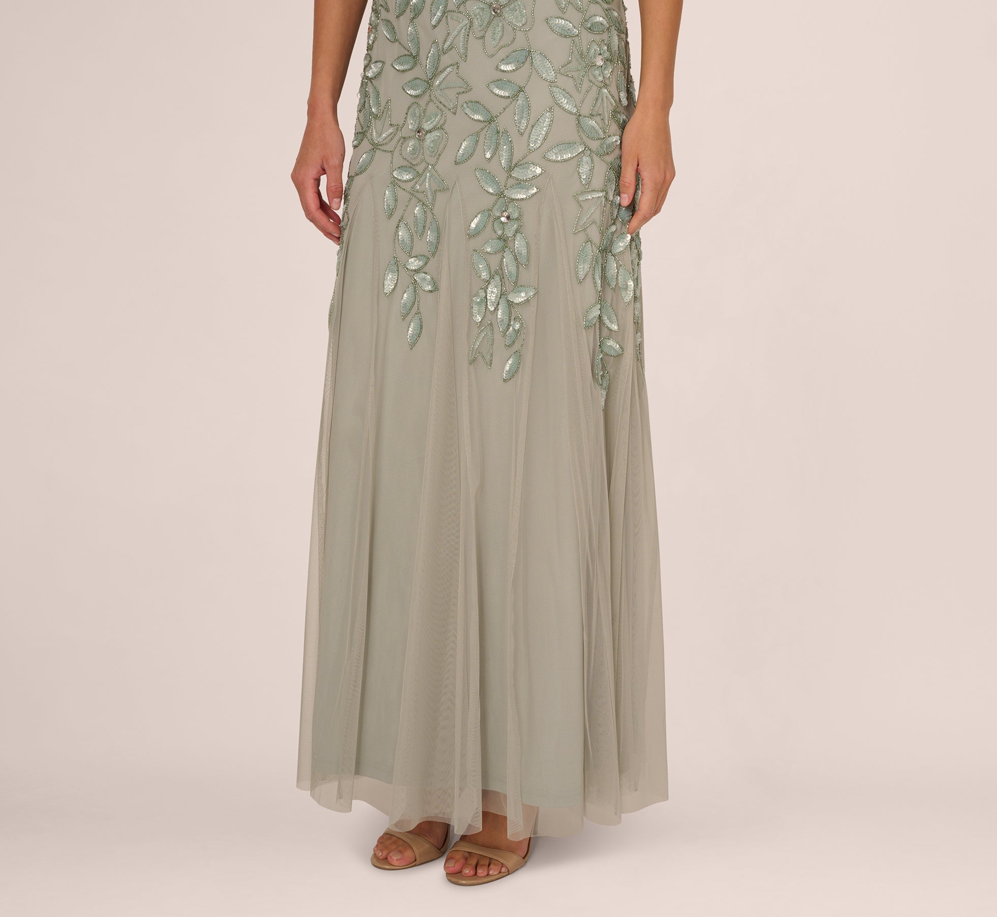 Hand Beaded Short Sleeve Floral Godet Gown in Frosted Sage - Elegant Boho Summer Dress for Weddings, Parties & Special Occasions