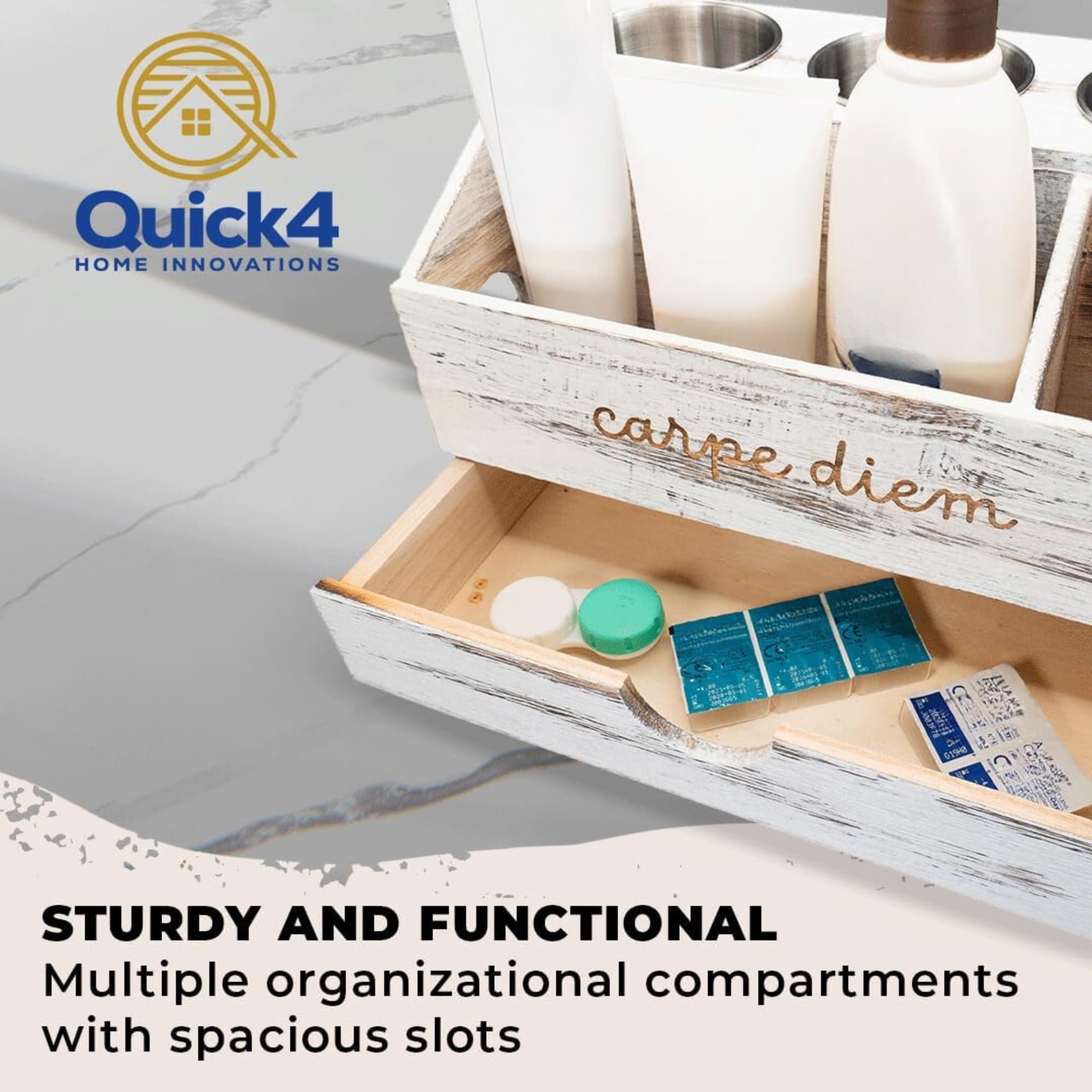 Farmhouse Style White Bathroom Hair Tool Organizer with Blow Dryer Holder - Rustic Vanity Storage for Hair Dryer, Brushes & Styling Tools | Perfect for Bathroom Countertop Organization & Farmhouse Decor
