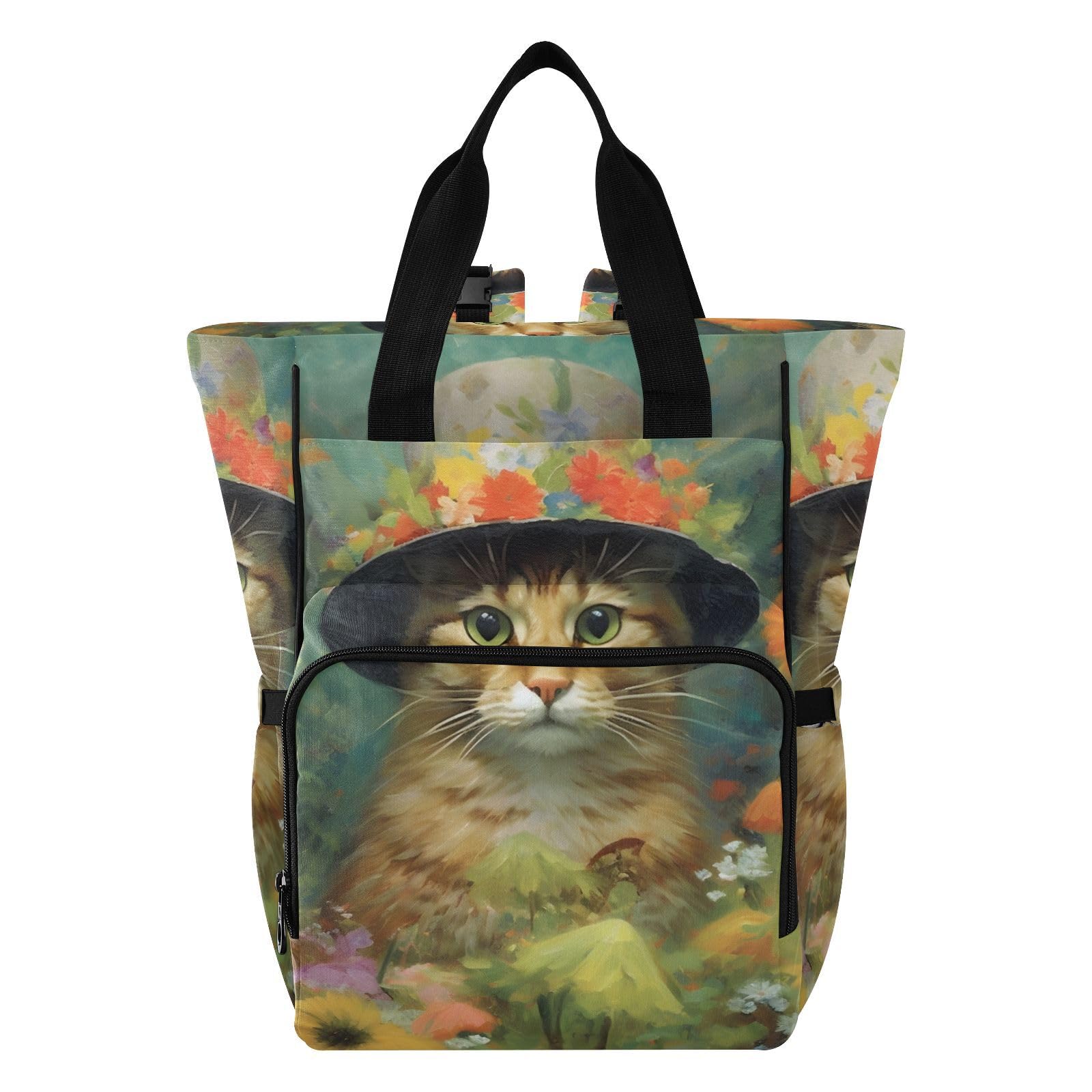 Stylish Cat Print Diaper Backpack with Insulated Bottle Pocket - Large Baby Changing Bag (11.02×5.91×15.3 IN) - Multicolor Travel Backpack for Parents - Perfect for Daycare, Outings & Family Trips