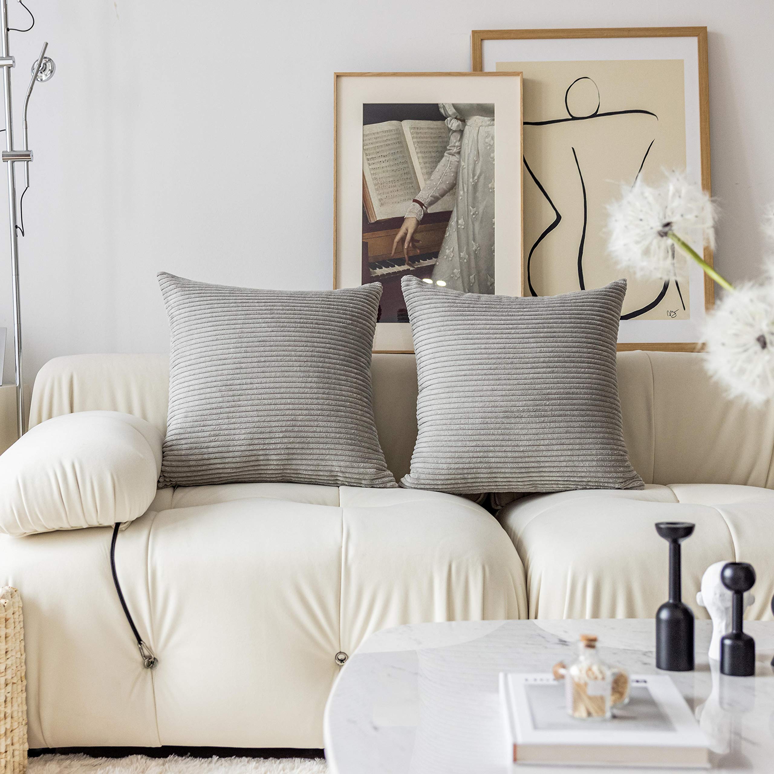 Premium Soft Corduroy Euro Sham Pillow Covers 26x26 Inch - Plush Striped Decorative Throw Pillowcases for Couch, Sofa & Bedroom - Set of 2 in Light Grey - Cozy Home Decor & Living Room Accent