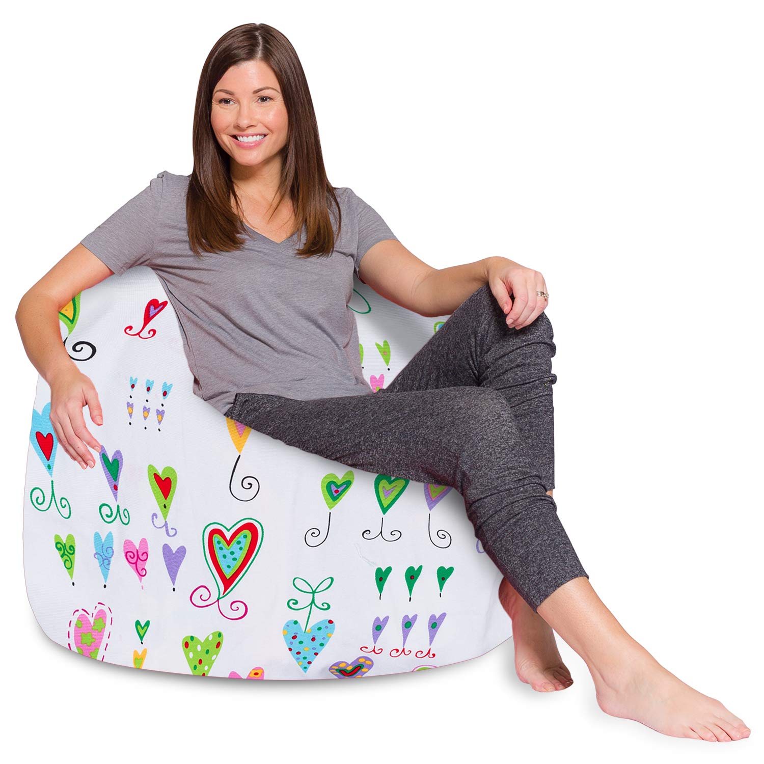 Posh Creations XL Bean Bag Chair for Kids, Teens & Adults - 48in Oversized Comfort with Removable, Machine Washable Cover - White Canvas with Multi-Colored Hearts Design - Perfect for Bedrooms, Dorm Rooms & Game Rooms