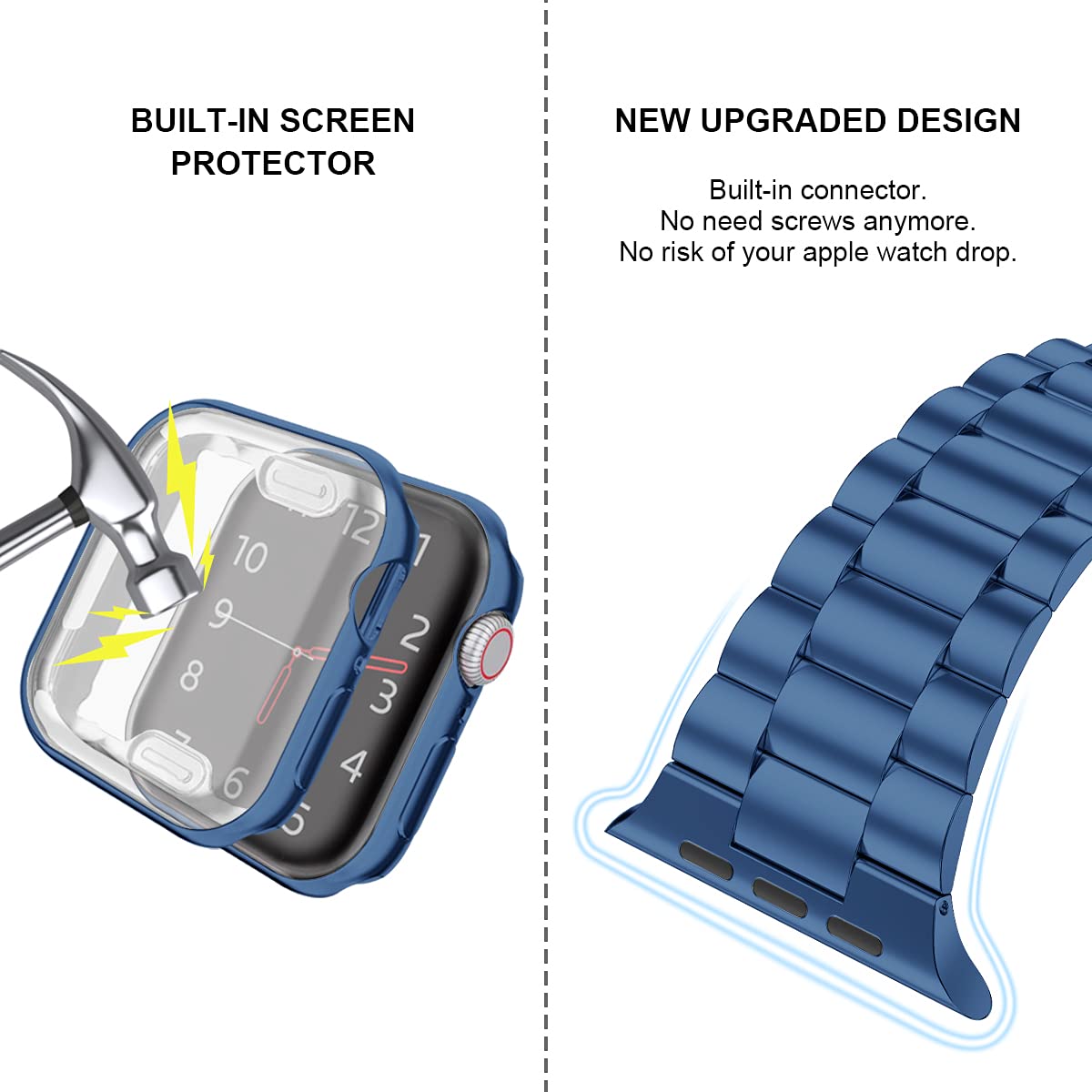 Premium Stainless Steel Apple Watch Band 44mm Compatible with Series 6/5/4/SE - Durable Metal iWatch Strap with Screen Protector Case for Men & Women (Blue) - Perfect for Workouts, Office & Everyday Wear