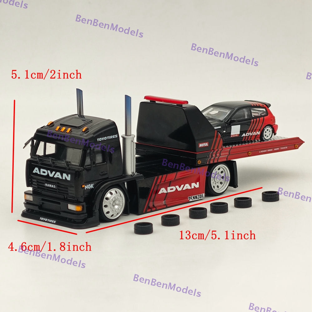 1:64 SH KAMA3 Tow Truck Advan Version with Civic EK9 Diecast Model Car - Collectible Miniature Vehicle for Display, Racing Games & Toy Car Enthusiasts