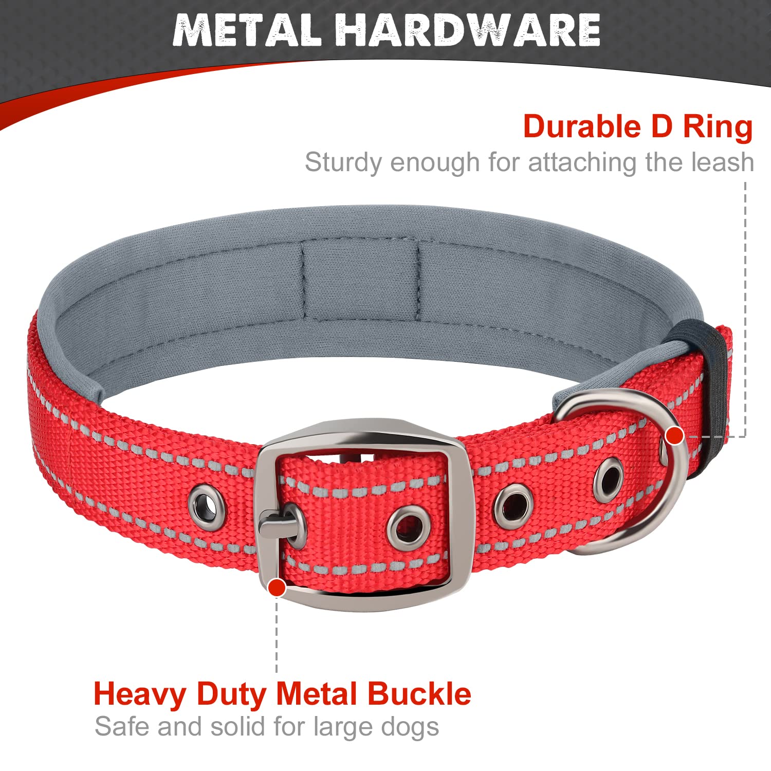 Joytale Adjustable Neoprene Padded Dog Collar for Medium Dogs - Reflective Heavy Duty Pet Collar with Durable Metal Buckle - Perfect for Walking, Training & Outdoor Adventures (Red, Size M)