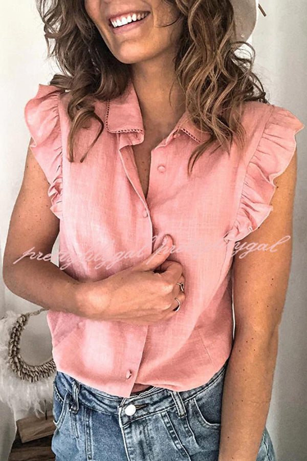 Stylish Solid Color Short Sleeve Ruffle Button Front Shirt for Women - Perfect for Casual Outings, Office Wear & Summer Fashion