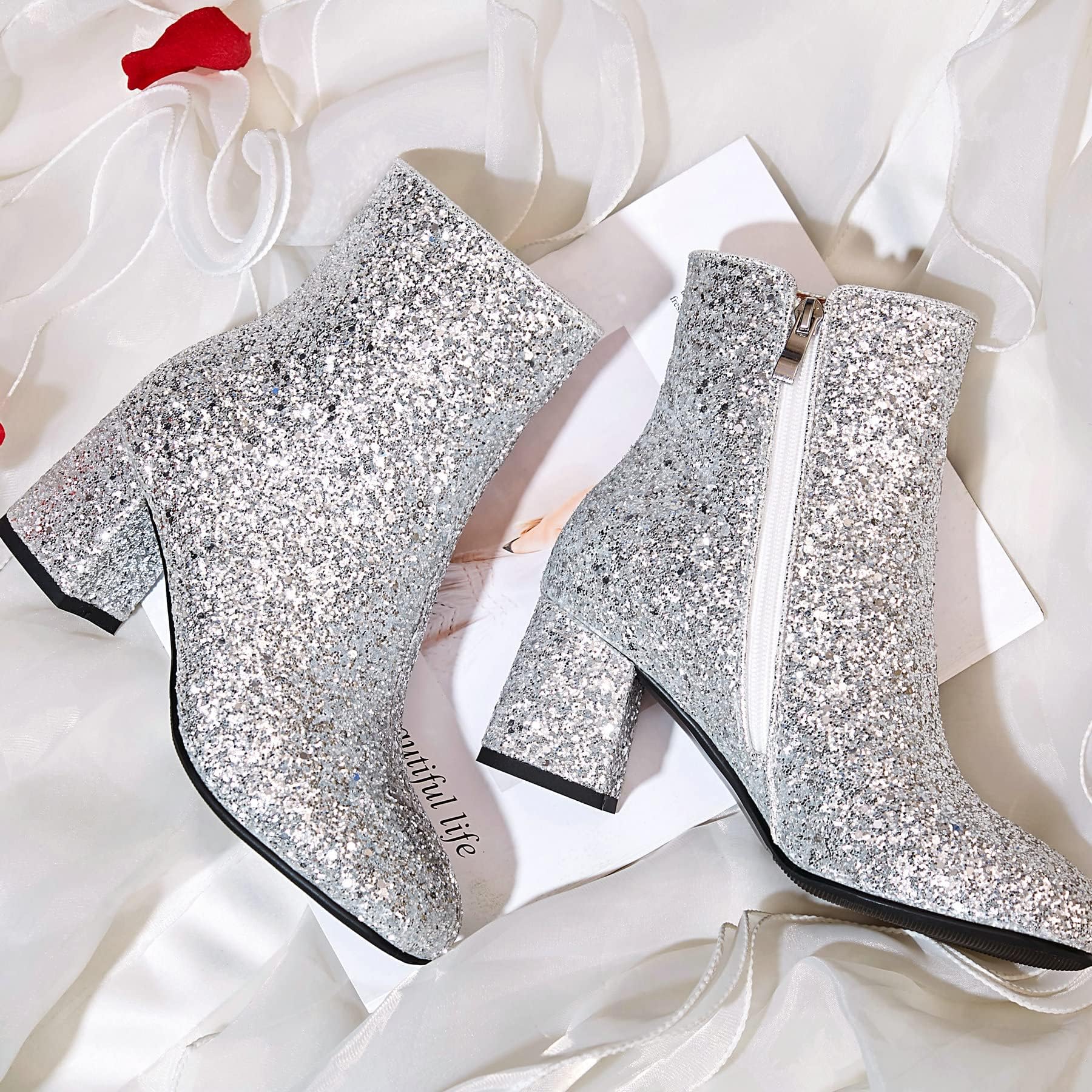 FIFSY Women's Sparkly Sequin Glitter Ankle Boots - Chunky High Heel Party Booties for Evening Out, Club, Wedding & Holiday Events