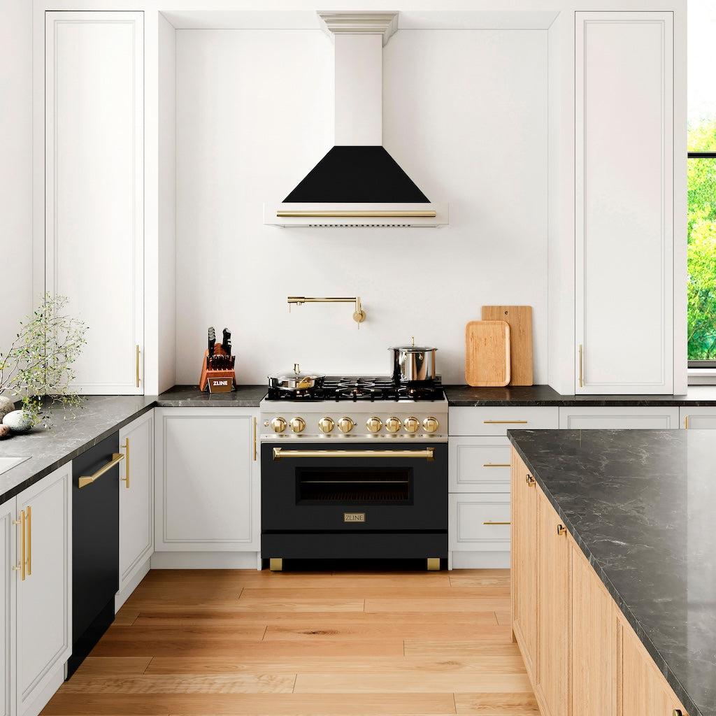 ZLINE KB4STZ BLM G Autograph Edition Convertible Stainless Steel Range Hood - Black Matte Shell with Polished Gold Handle | Professional Kitchen Ventilation for Modern Homes