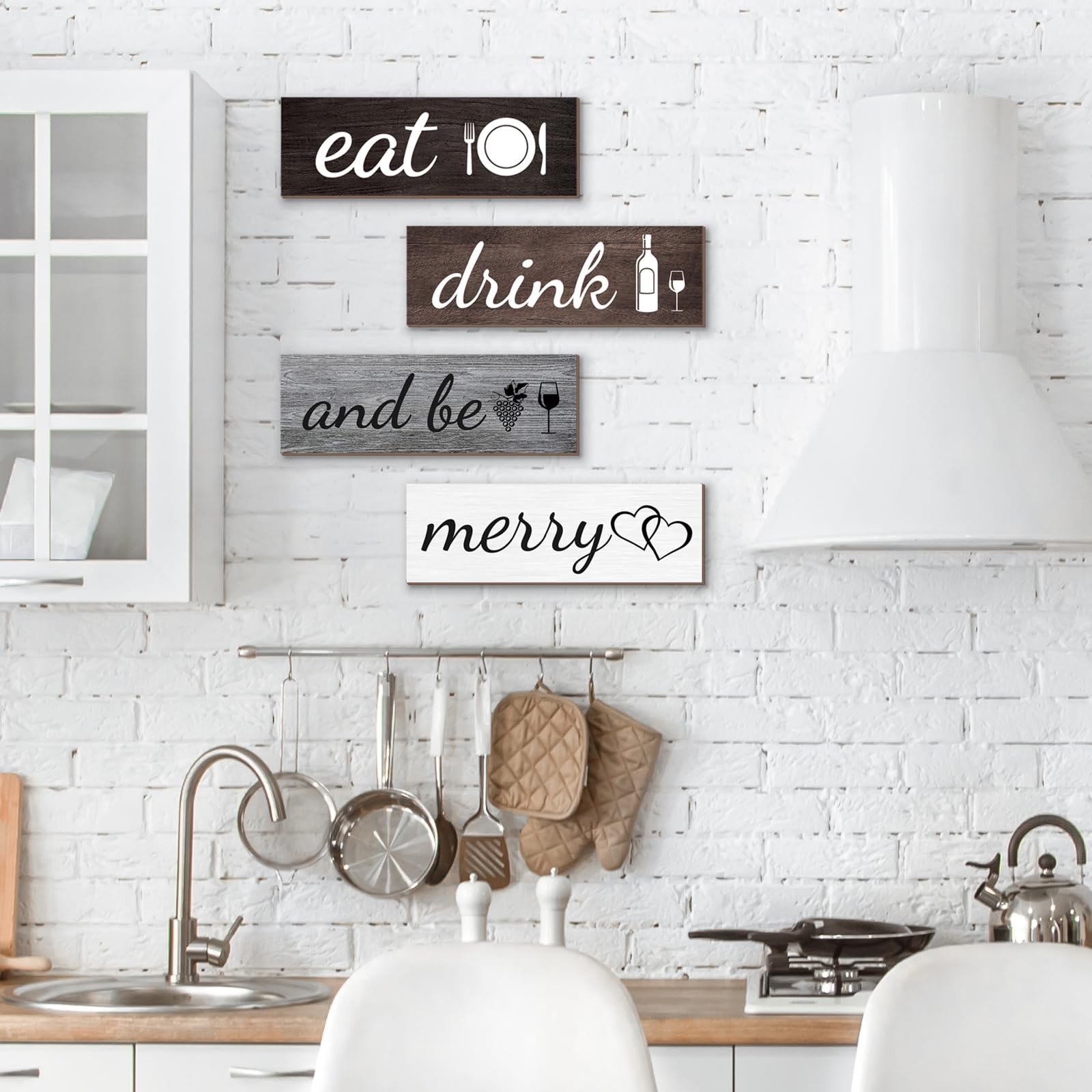 Joyhawk 4-Piece Rustic Farmhouse Kitchen Decor Set - Wooden 'Eat' & 'Drink and Be Merry' Wall Art Signs for Dining Room & Home - Perfect for Country Style Kitchens, Restaurants, and Farmhouse Themed Weddings