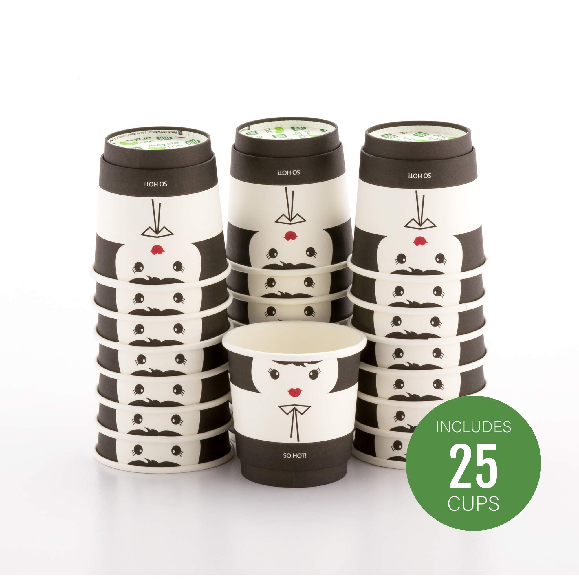 Restaurantware 4 oz Disposable Paper Coffee Cups - 25 Pack, Leakproof & Insulated Hot Cups with Matching Lids (Sold Separately), Eco-Friendly Black & White Design - Perfect for Coffee Shops, Offices, and Catering Events