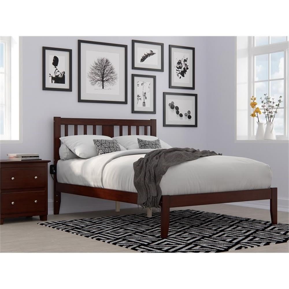 BOWERY HILL Traditional Solid Wood Full Size Spindle Bed Frame with USB Turbo Charger - Walnut Finish for Bedroom, Guest Room & Dormitory